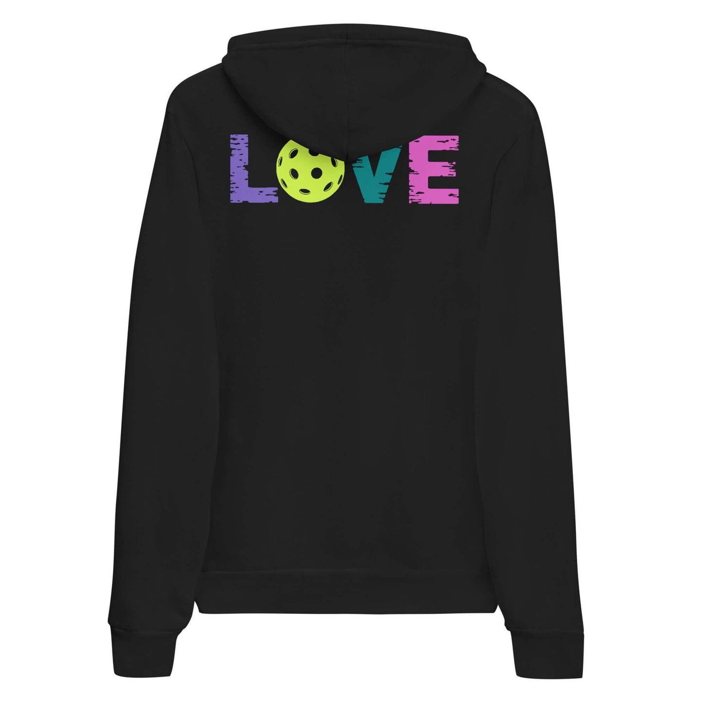 Black women's hoodie featuring vibrant 'LOVE' design and pickleball graphic, perfect for pickleball enthusiasts.