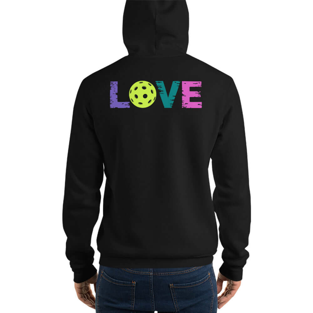 Back view of Women's hoodie featuring colorful 'LOVE' design and pickleball graphic, perfect for pickleball fans.