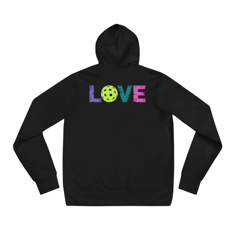 Back view of Women’s LOVE Pickleball Hoodie featuring vibrant 'LOVE' design and pickleball graphic.