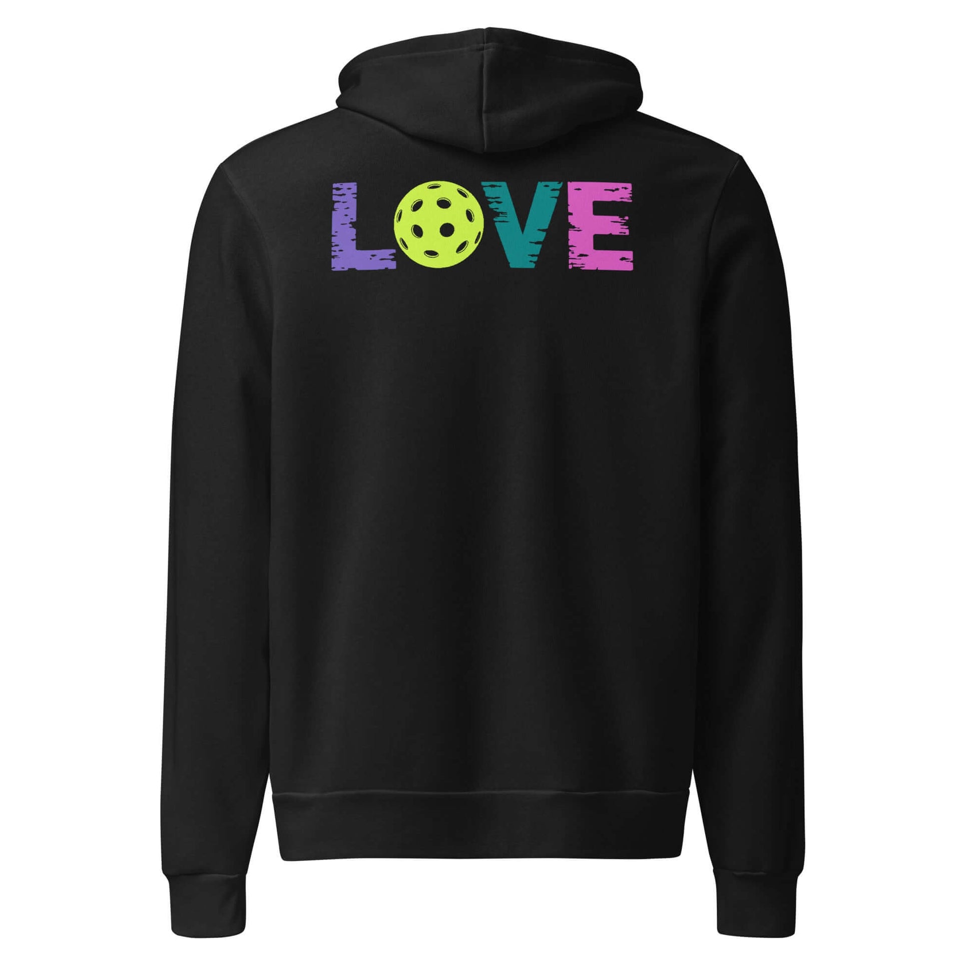 Women's black hoodie with colorful "LOVE" and pickleball design on the back, perfect for pickleball fans.