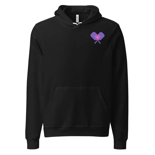 Black women's hoodie featuring vibrant purple 'LOVE' heart design, ideal for pickleball enthusiasts.