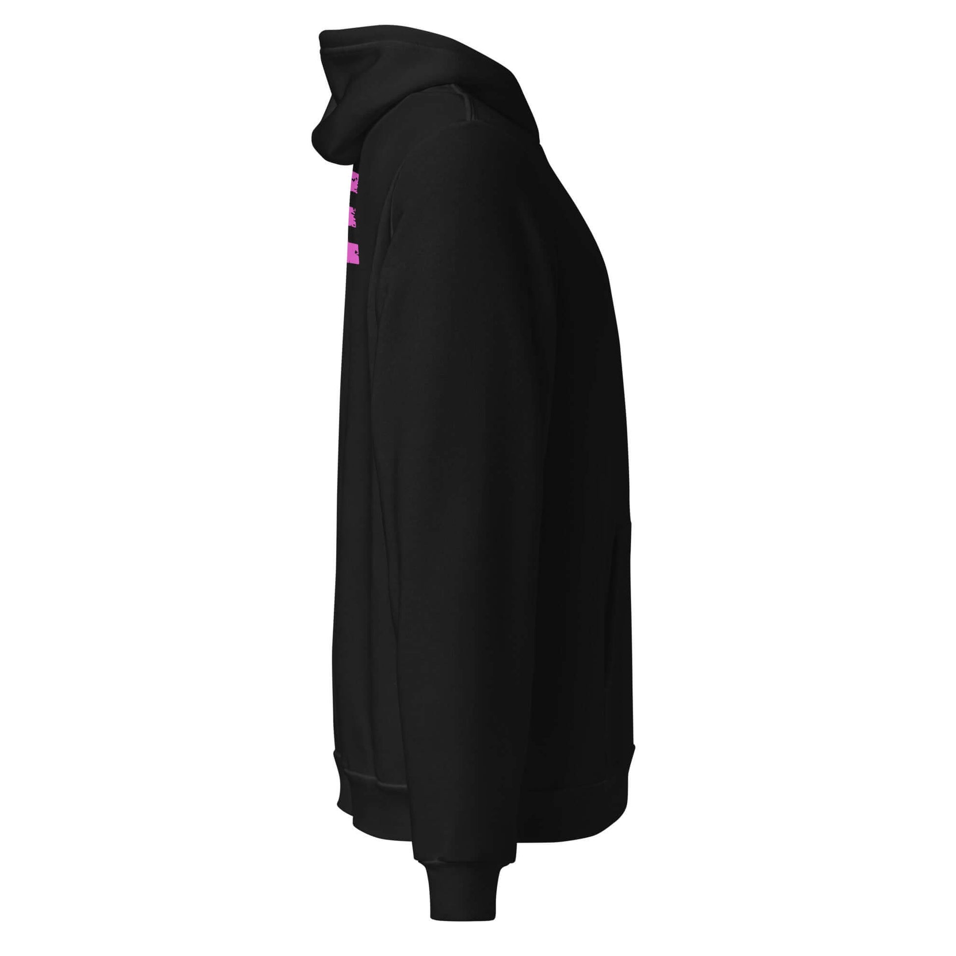 Side view of Women’s LOVE Pickleball Hoodie in black, featuring vibrant 'LOVE' design, ideal for comfort and style.