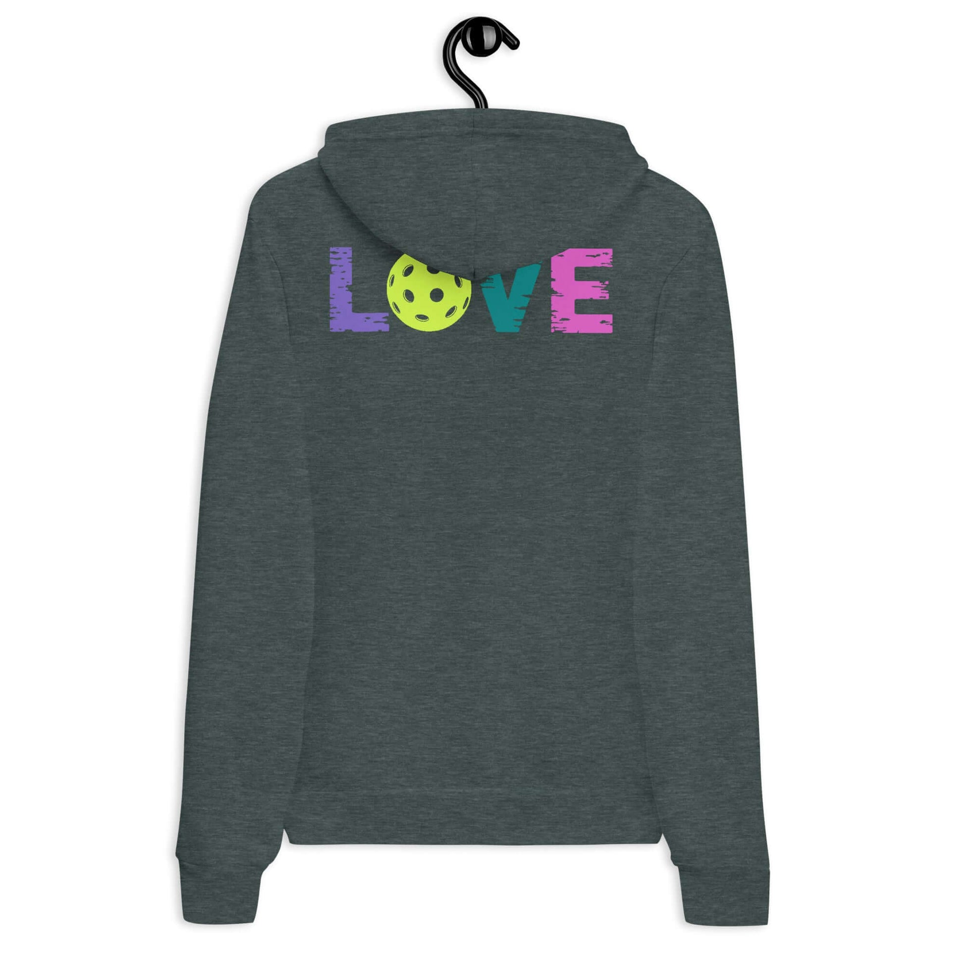 Back view of Women's LOVE Pickleball Hoodie featuring vibrant 'LOVE' design and pickleball graphic.