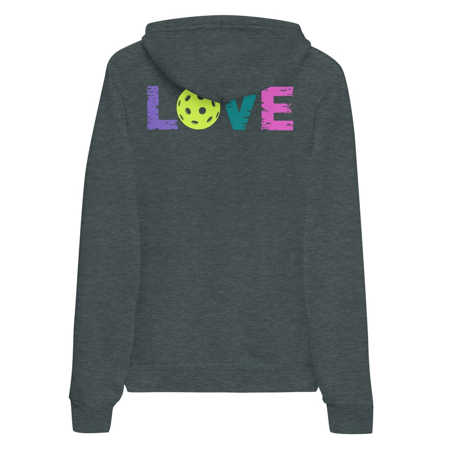 Women’s LOVE Pickleball Hoodie in dark green with colorful LOVE graphic and pickleball design on the back.