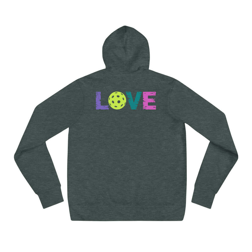 Women’s LOVE Pickleball Hoodie featuring vibrant 'LOVE' design and a pickleball graphic on the back.