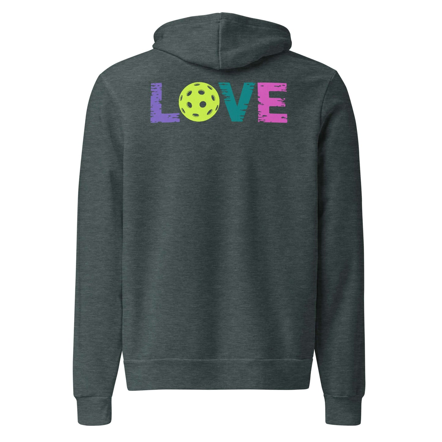 Back view of Women’s LOVE Pickleball Hoodie featuring vibrant 'LOVE' design and pickleball graphic.