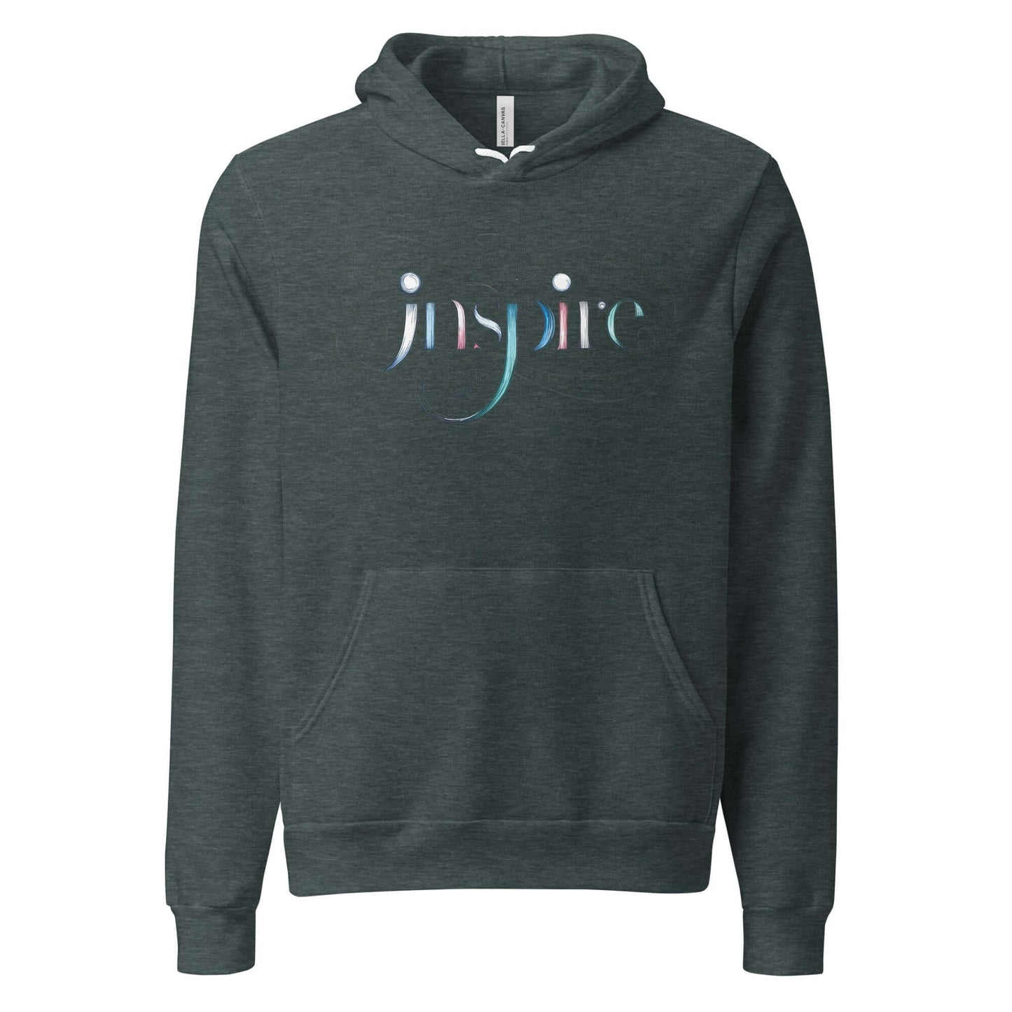 Inspire Sketch Women's Hoodie featuring elegant word art design in flowing letters on a dark green background.