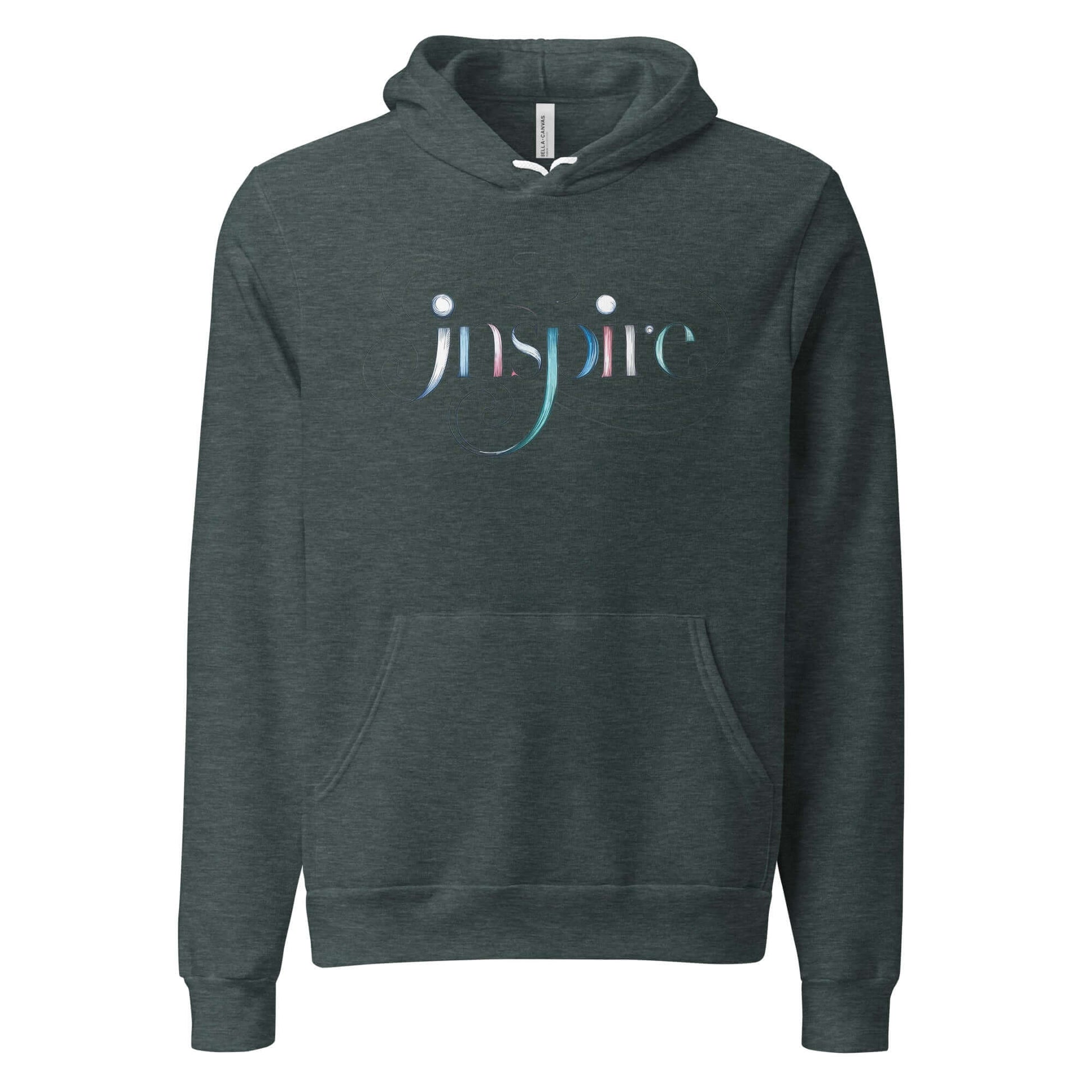 Inspire Sketch Women's Hoodie featuring elegant word art design in flowing letters on a dark green background.