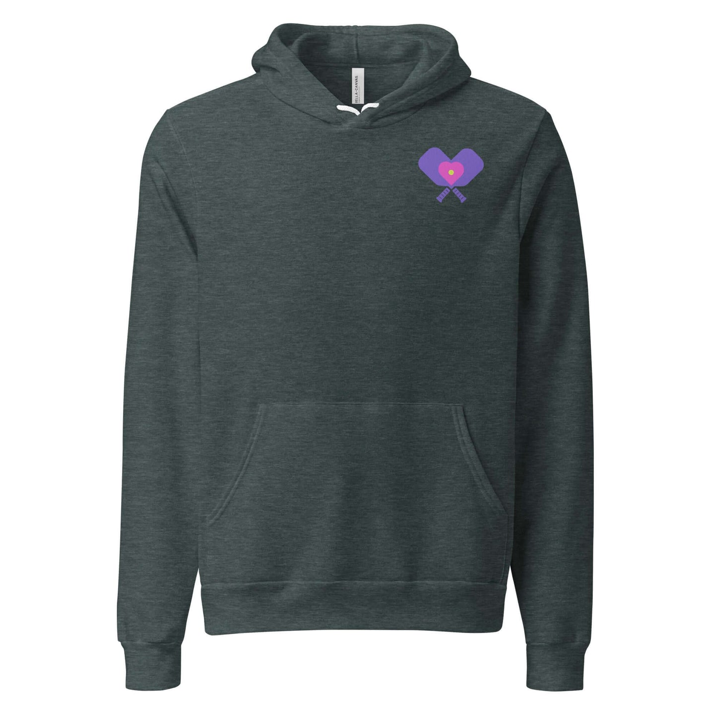 Dark green Women's LOVE Pickleball Hoodie featuring a vibrant heart and crossed paddles design.