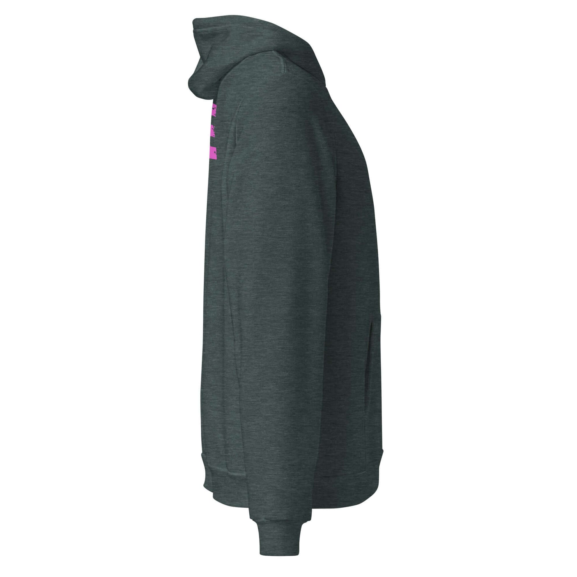 Side view of Women’s LOVE Pickleball Hoodie in dark green with vibrant pink "LOVE" design.