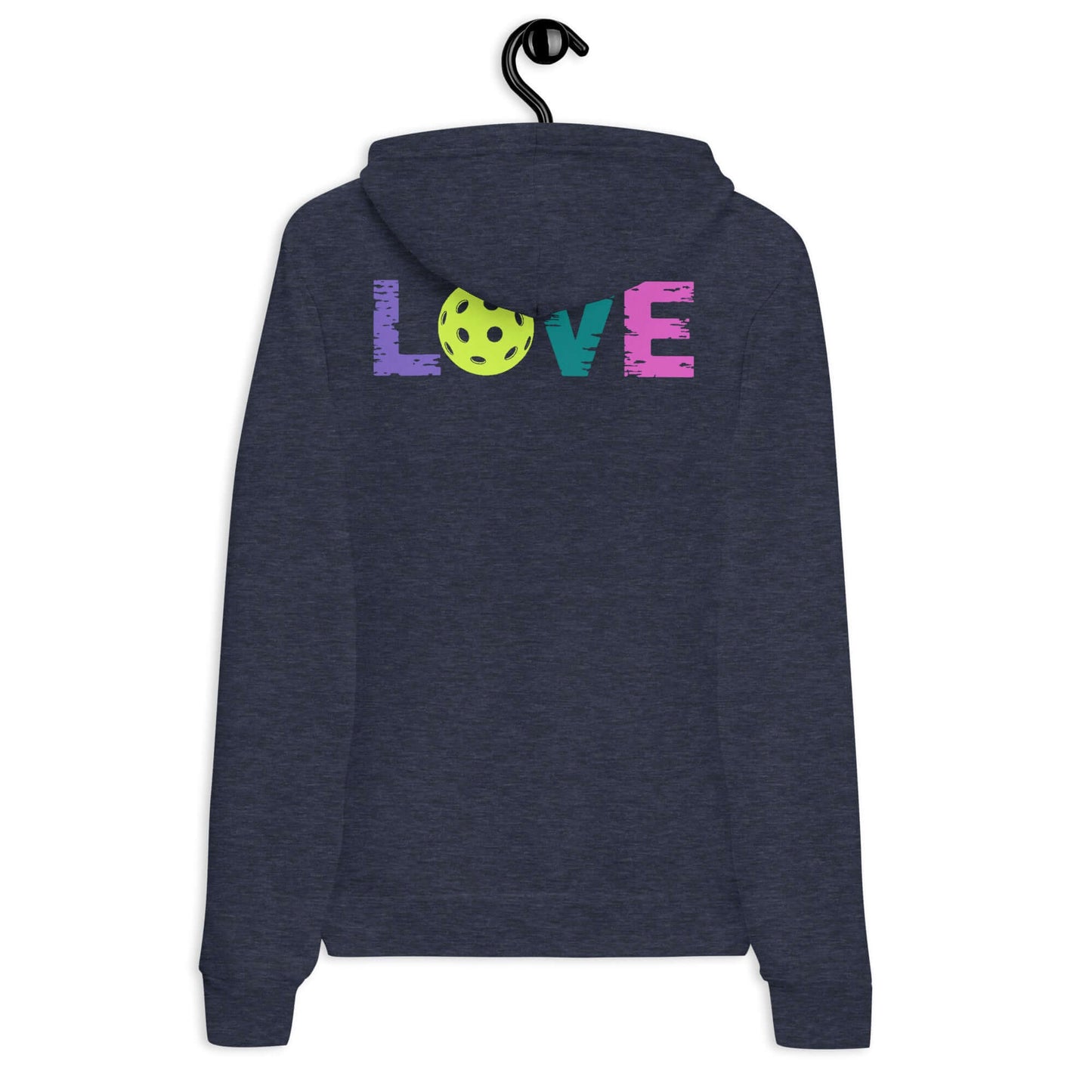 Women’s LOVE Pickleball Hoodie featuring colorful 'LOVE' design with pickleball on a cozy dark blue background.