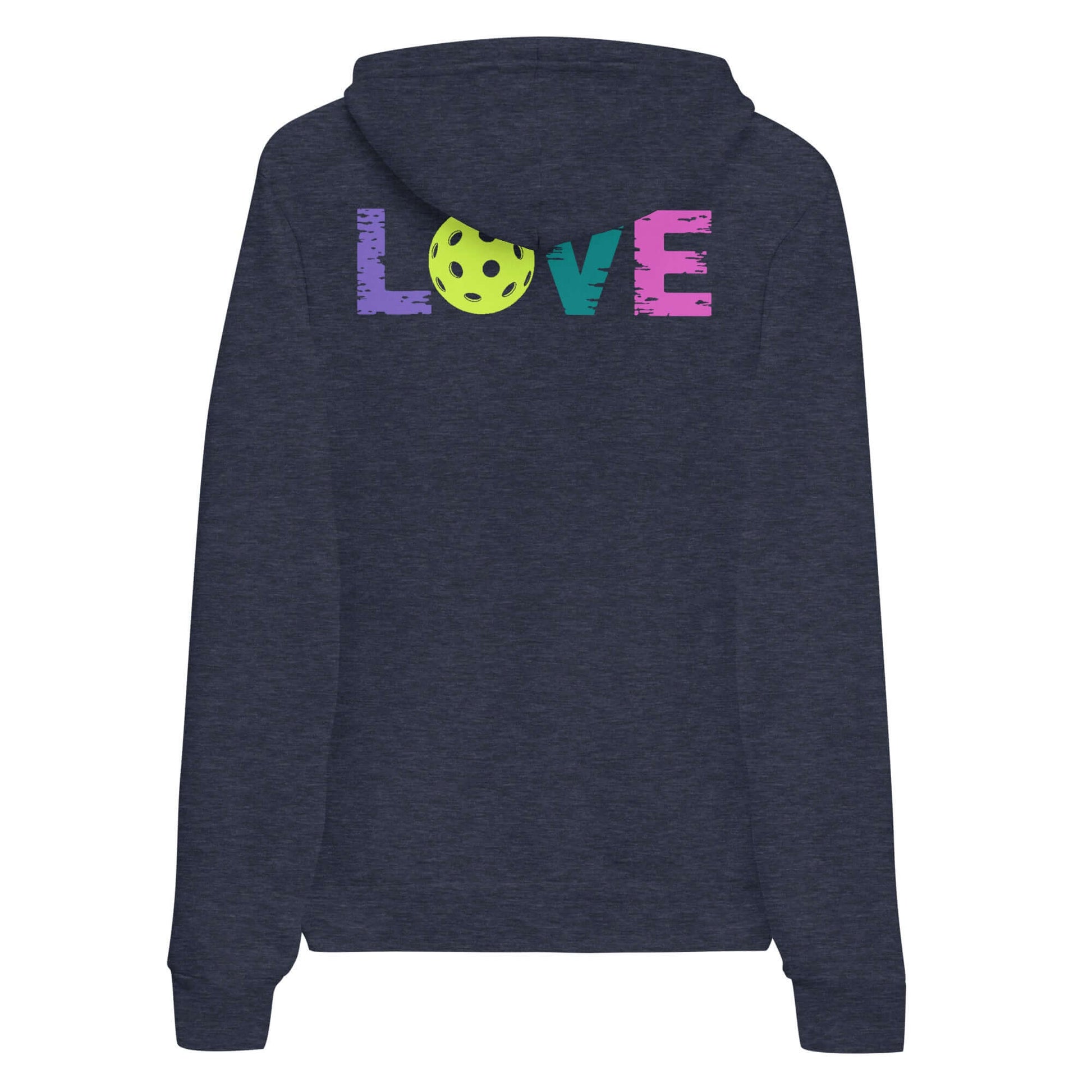 Back view of Women's LOVE Pickleball Hoodie with colorful 'LOVE' design and pickleball graphic.