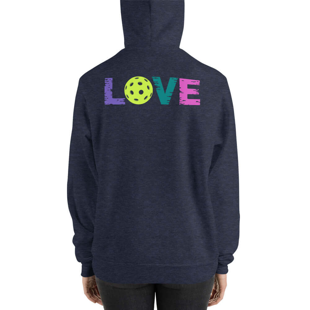 Back view of a women’s hoodie featuring a colorful 'LOVE' design and a pickleball graphic.