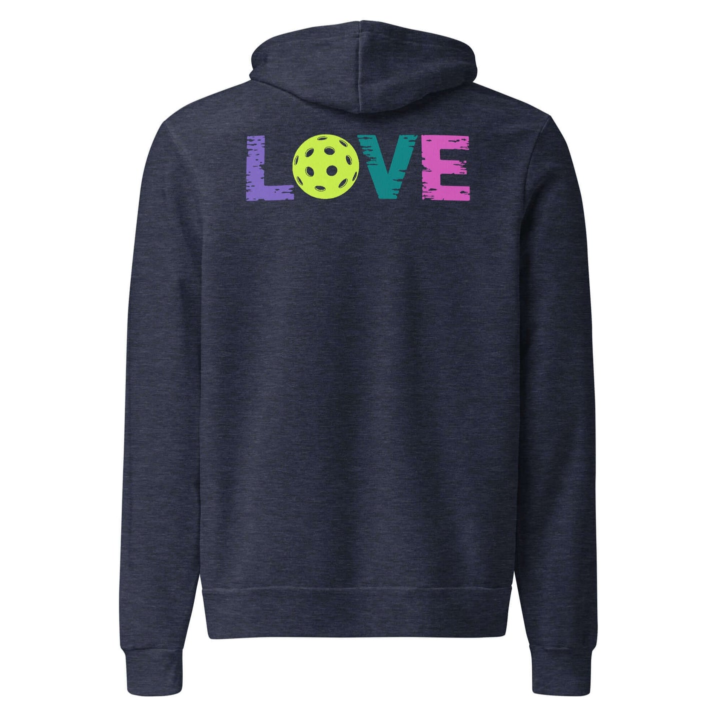 Back view of women's hoodie with vibrant 'LOVE' design and pickleball graphic, perfect for pickleball enthusiasts.