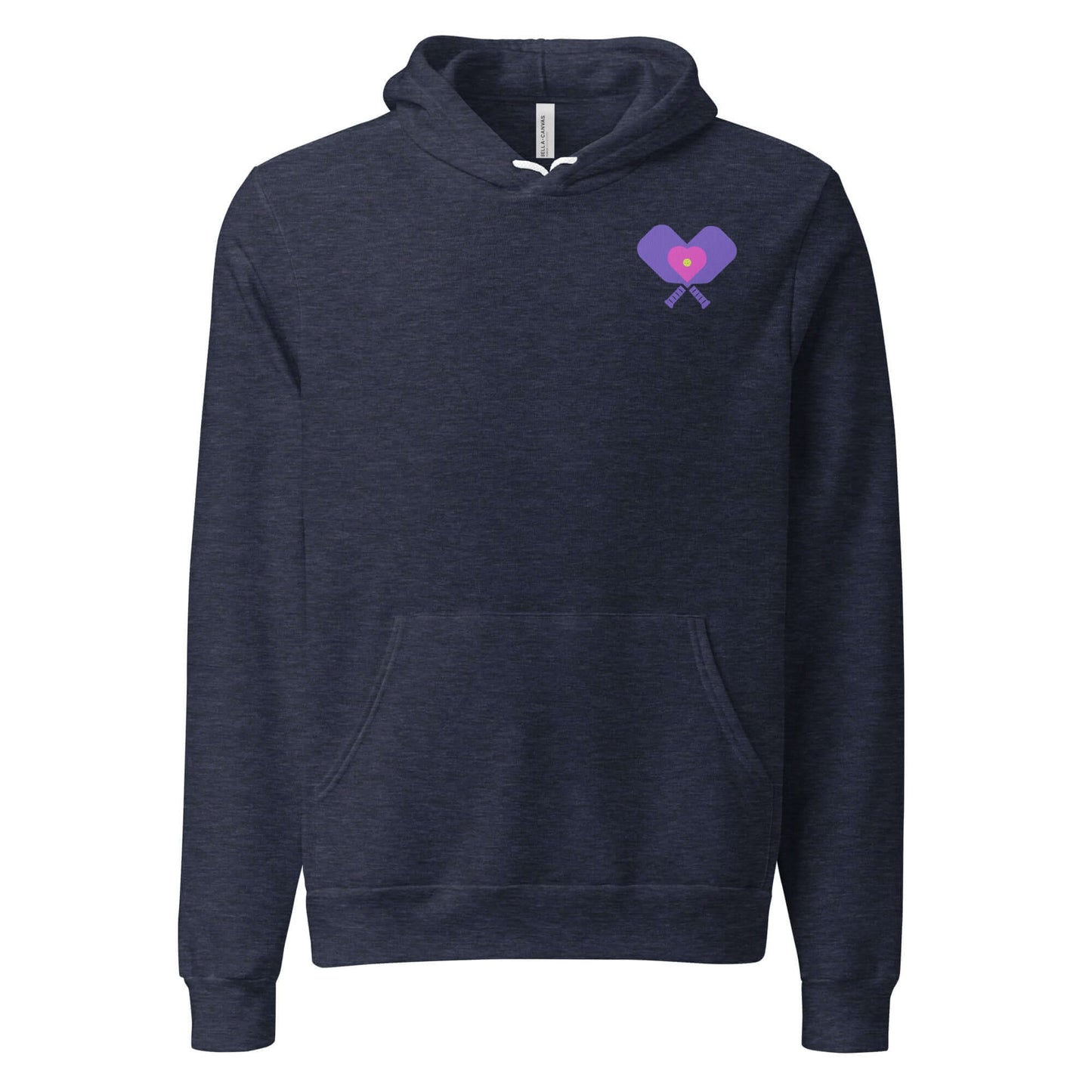 Women’s LOVE Pickleball Hoodie in dark blue with a vibrant heart and crossed paddles design.