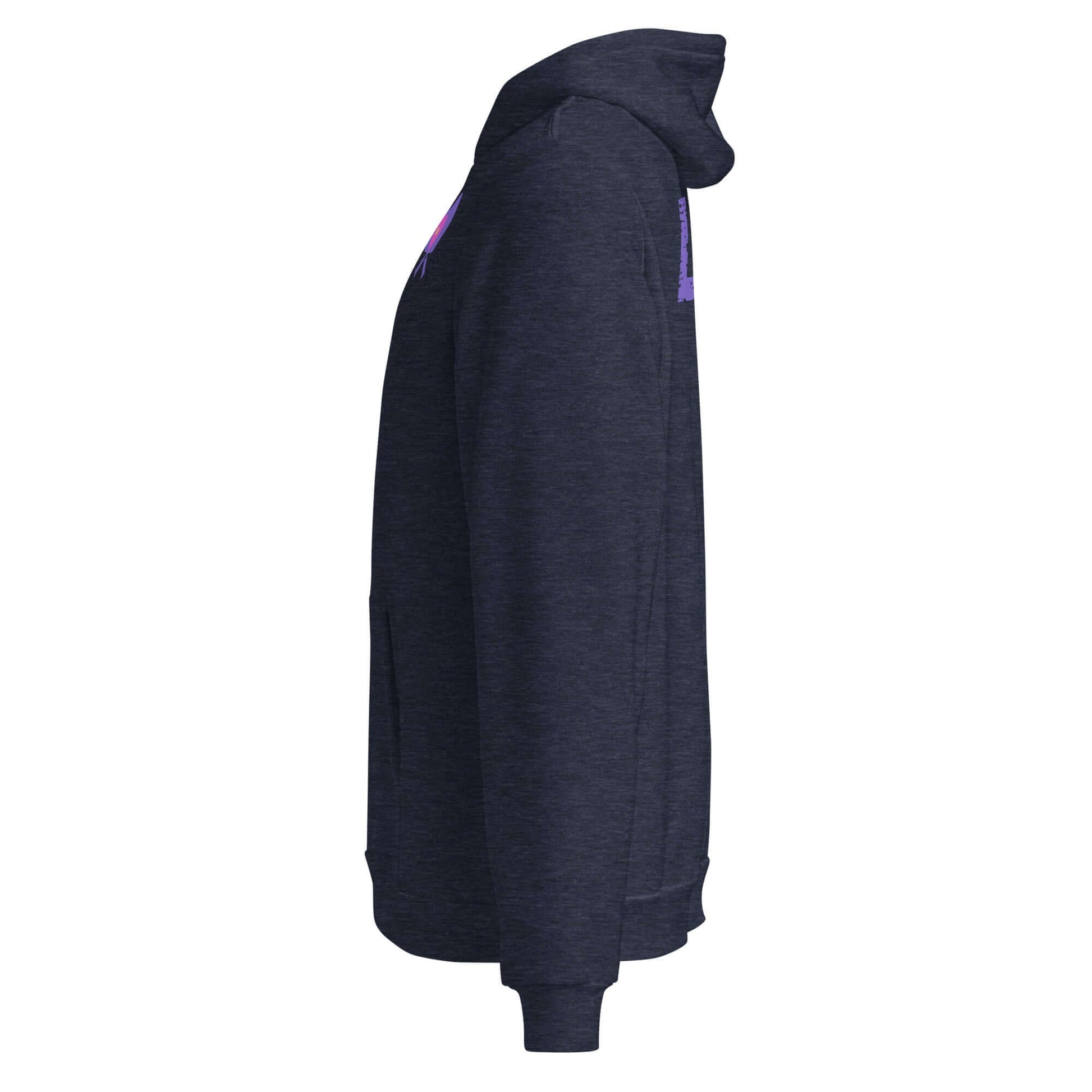 Side view of Women’s LOVE Pickleball Hoodie in dark color, showcasing its cozy fit and stylish design.