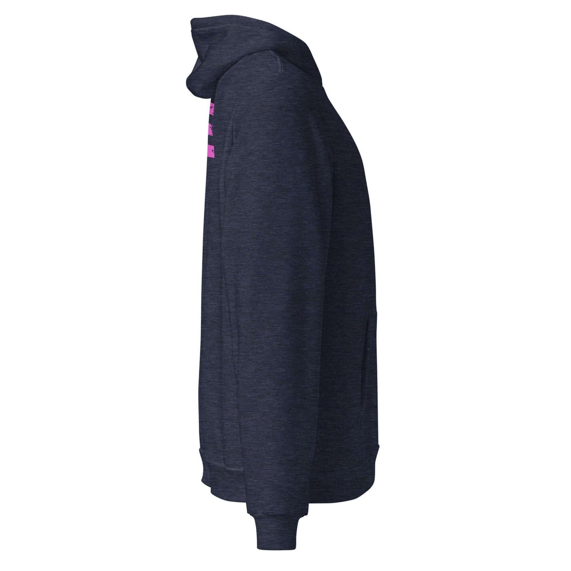 Side view of Women's LOVE Pickleball Hoodie in dark gray with vibrant pink LOVE design.