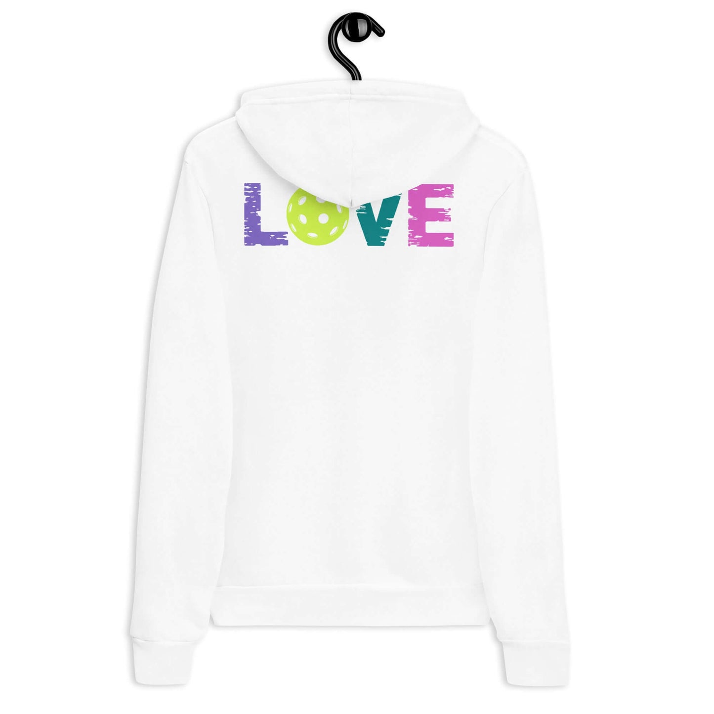 Women’s LOVE Pickleball Hoodie in white with colorful LOVE design and pickleball graphic on back.