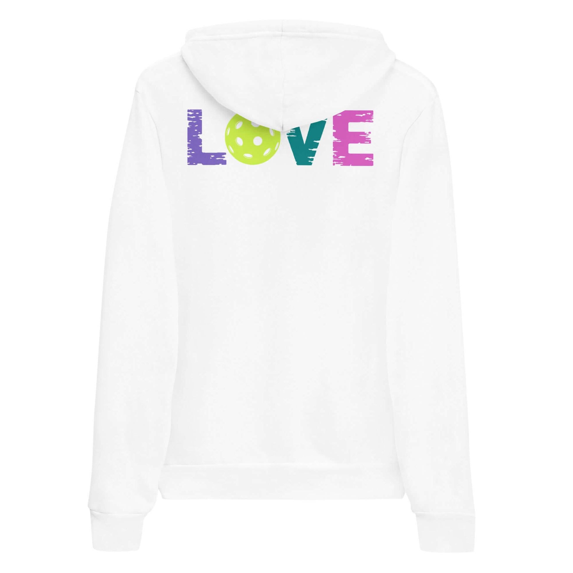 Back view of Women's LOVE Pickleball Hoodie featuring bright 'LOVE' design and pickleball graphic.