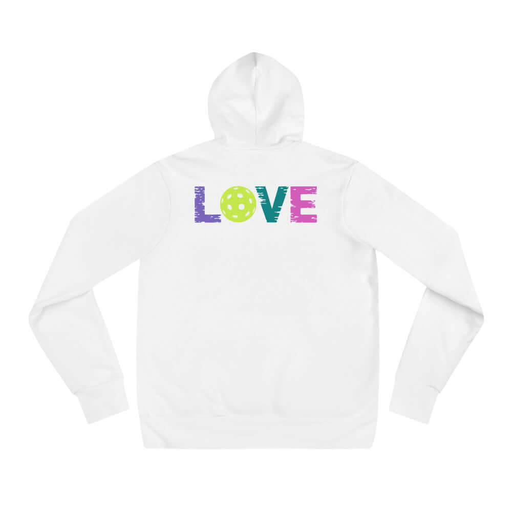 Women's LOVE Pickleball Hoodie with vibrant 'LOVE' design on the back, perfect for pickleball fans.