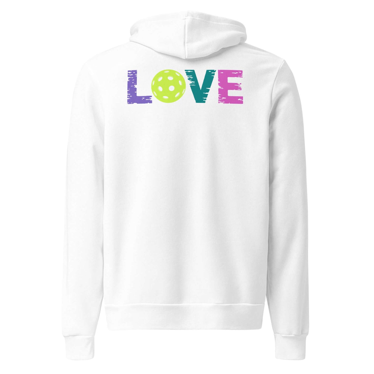 Back view of Women's LOVE Pickleball Hoodie featuring colorful 'LOVE' design and pickleball graphic.