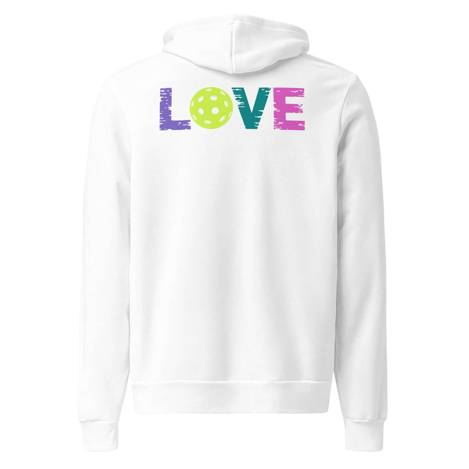 Back view of Women's LOVE Pickleball Hoodie featuring colorful 'LOVE' design and pickleball graphic.