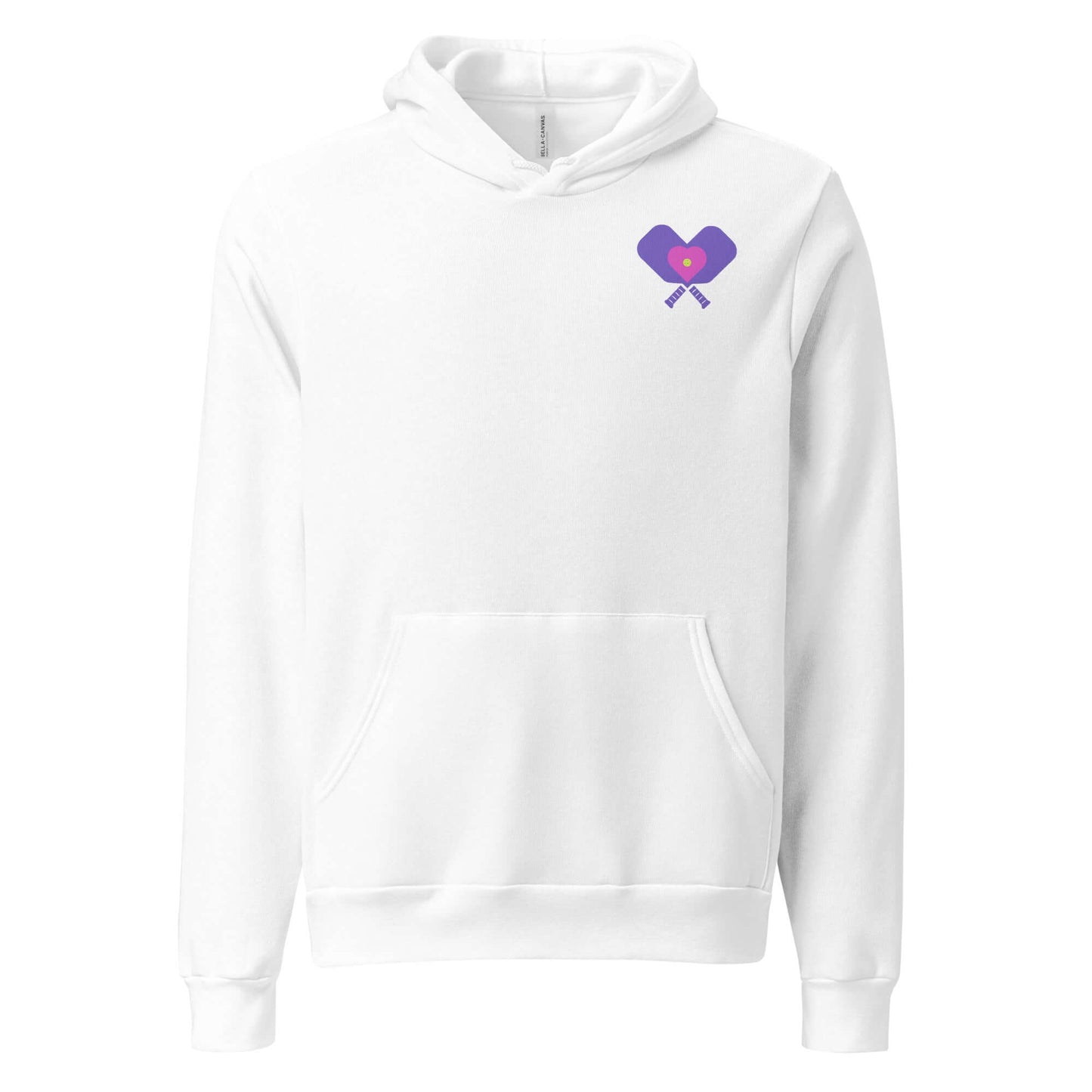 Front view of Women's LOVE Pickleball Hoodie in white with purple heart design.