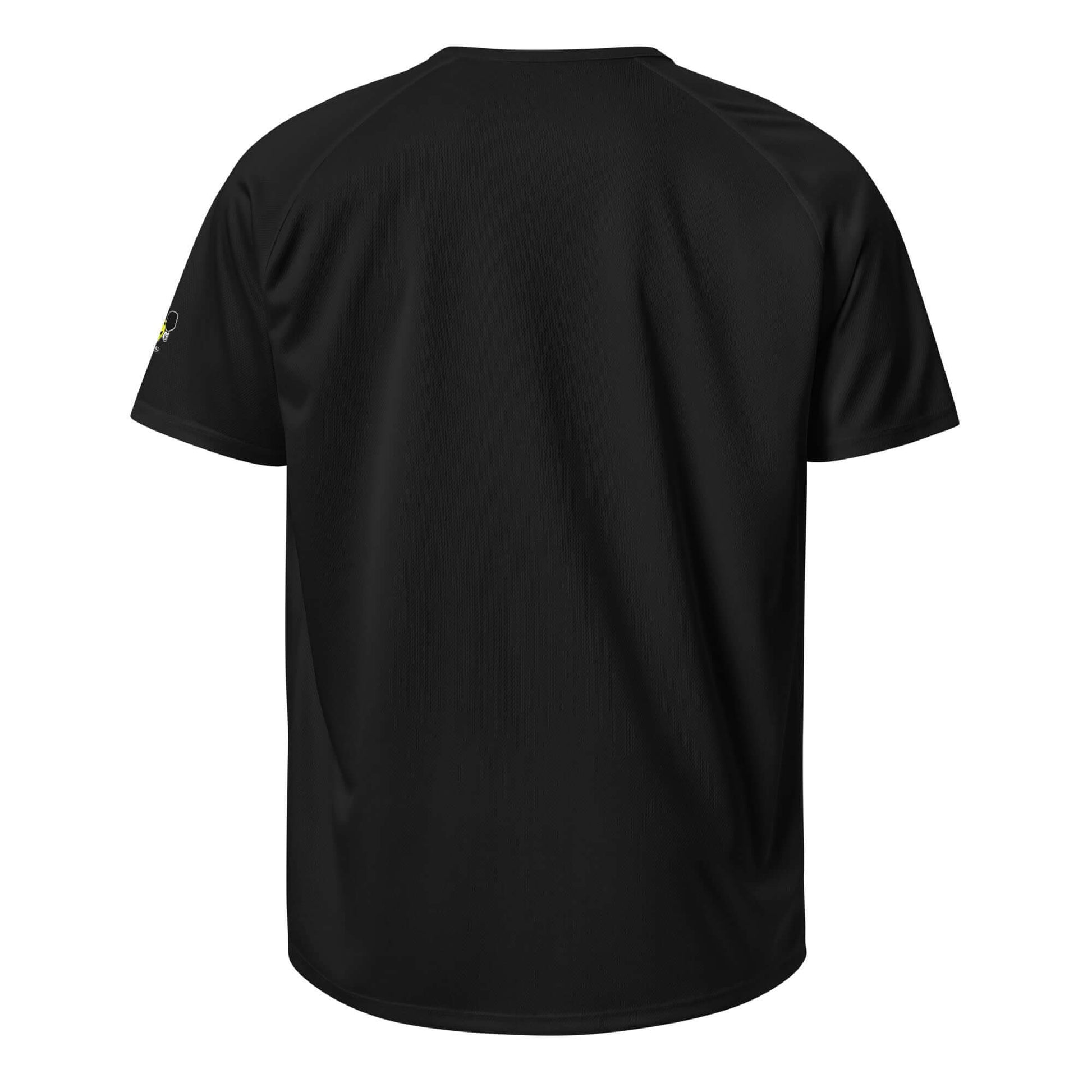 Back view of the HarmonyGrip PH Pickleball Series Performance Shirt in black, showcasing breathable polyester fabric.