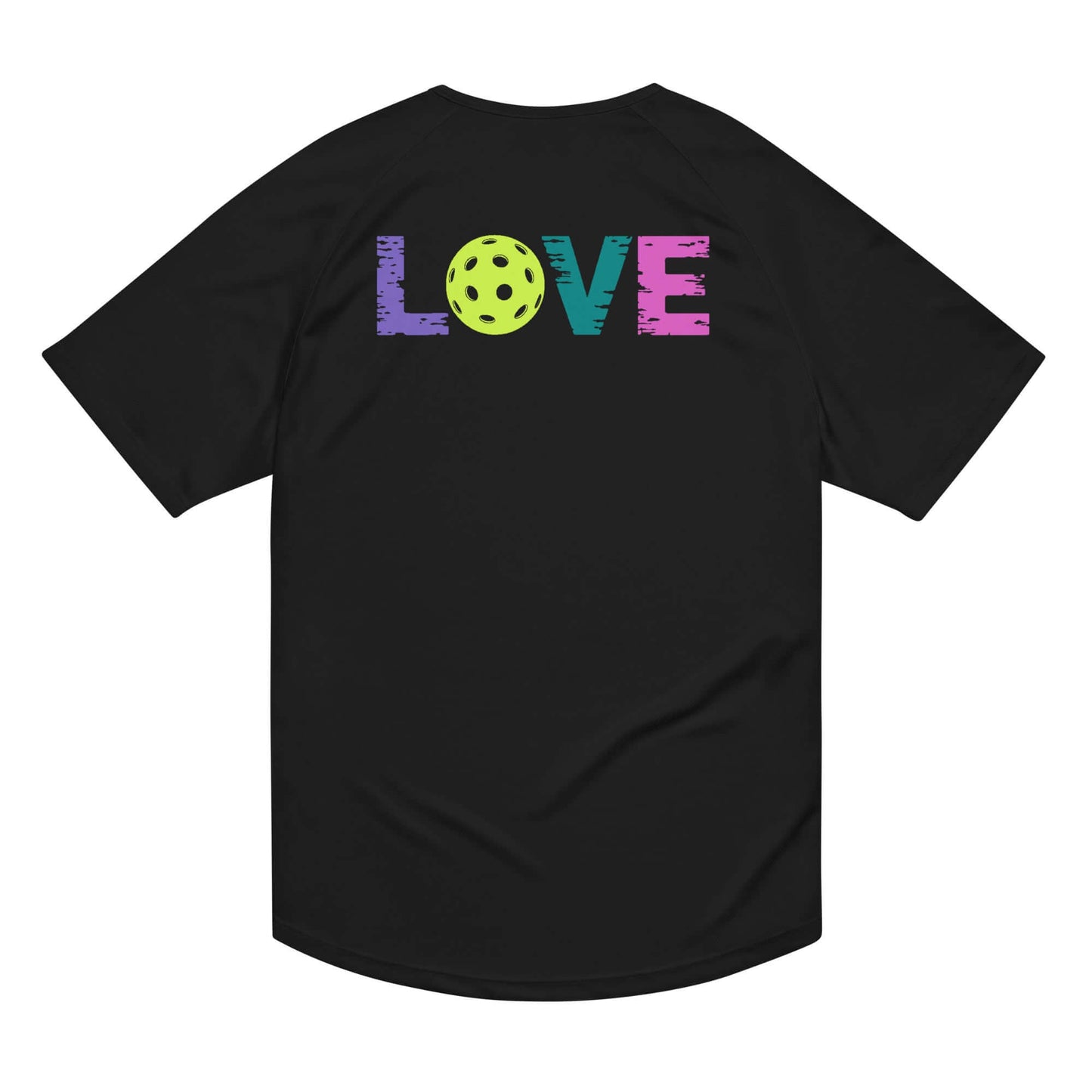 Back view of Women's LOVE Pickleball Performance Shirt featuring colorful 'LOVE' graphic with pickleball design.