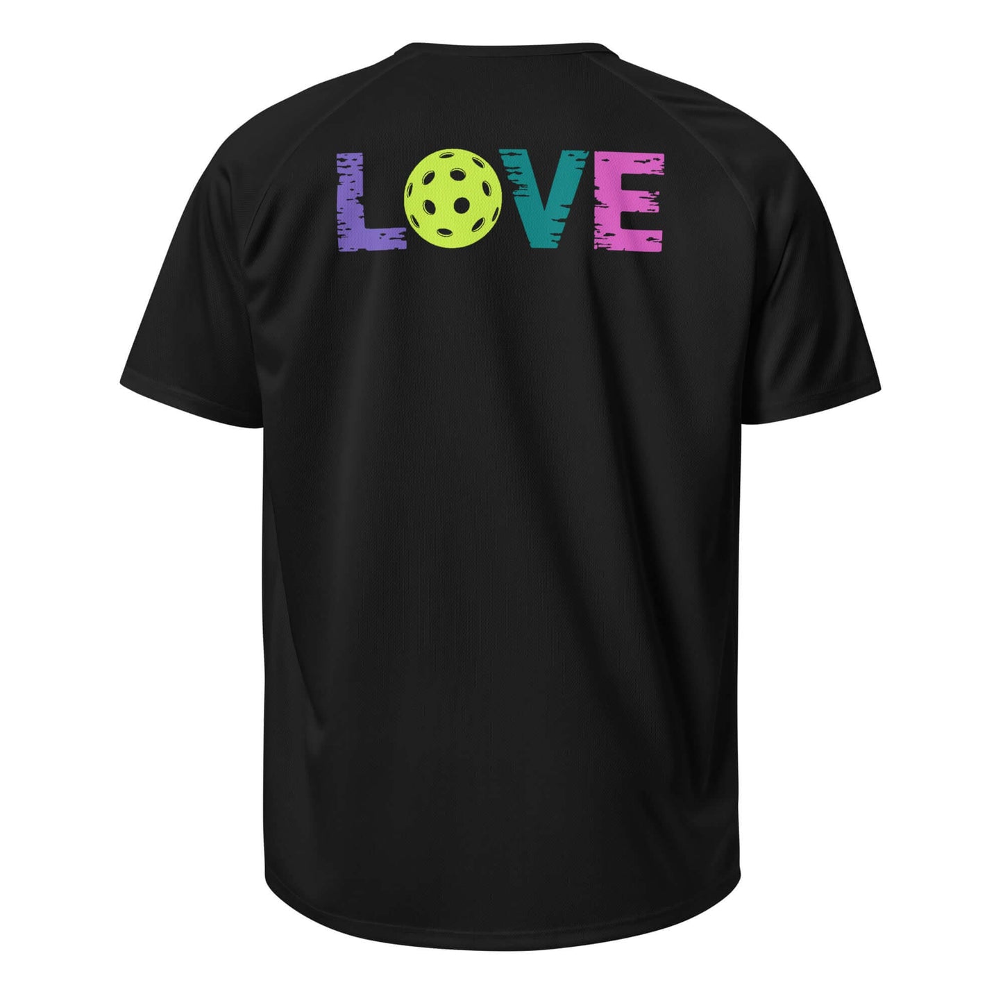 Women’s LOVE Pickleball Performance Shirt featuring colorful LOVE graphic with a pickleball in place of 'O'.