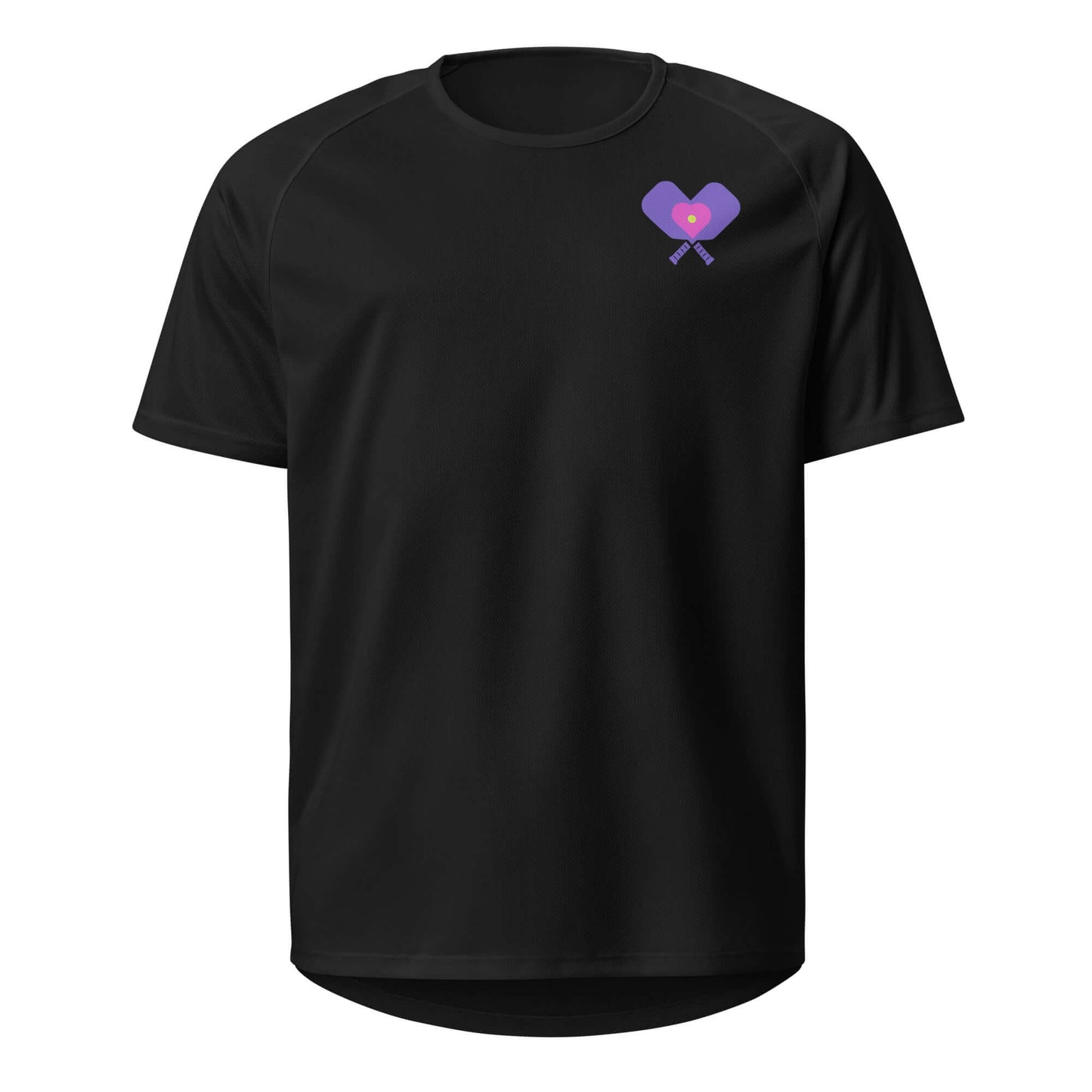 Women’s LOVE Pickleball Performance Shirt featuring a heart graphic with a pickleball design on a black short-sleeve shirt.