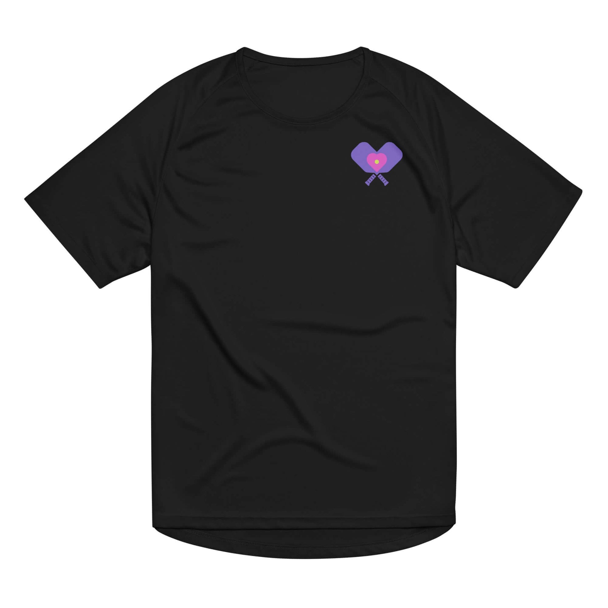 Women’s LOVE Pickleball Performance Shirt in black featuring a vibrant heart and pickleball graphic design.