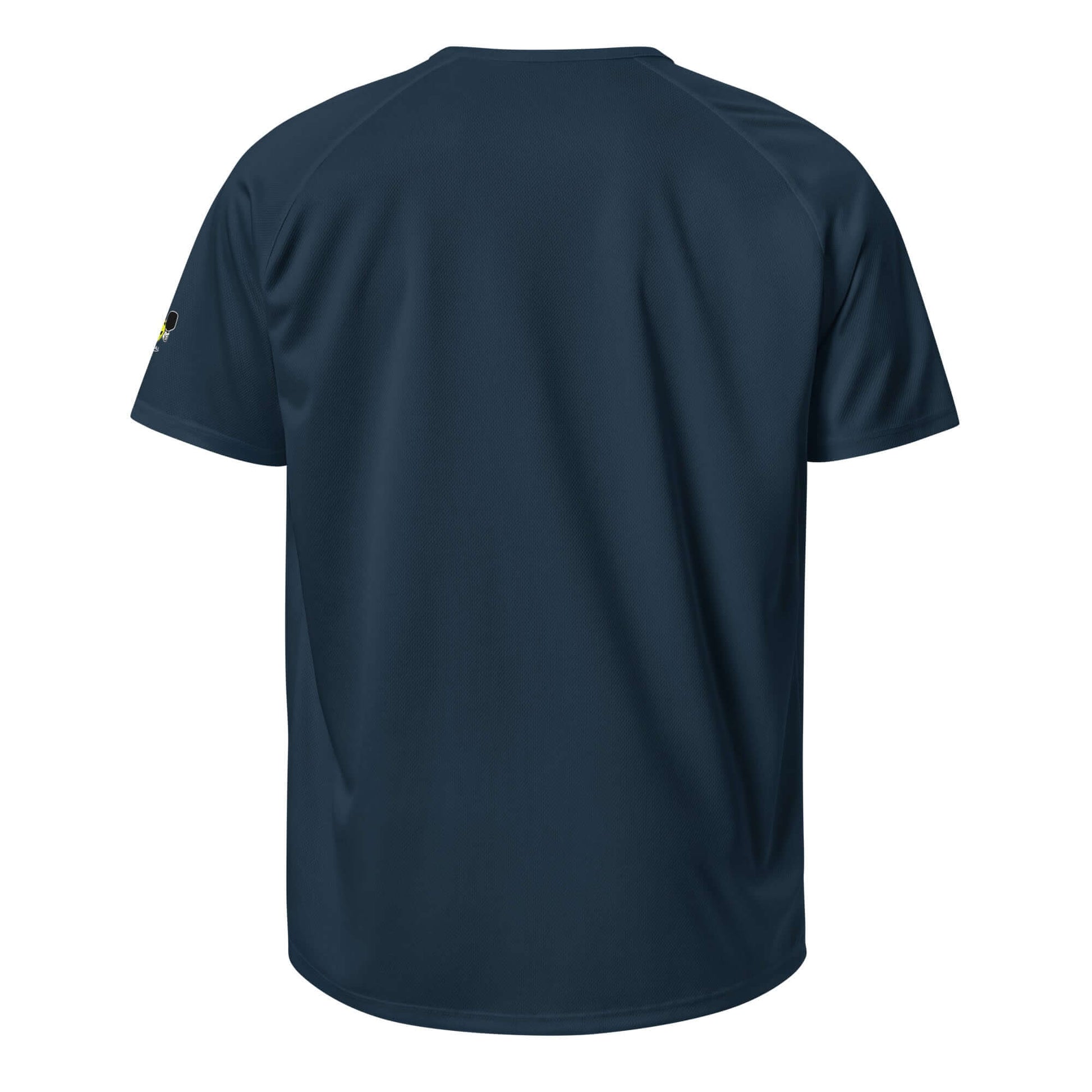 Back view of HarmonyGrip PH Pickleball Series Performance Shirt in dark navy, made of breathable polyester for comfort.