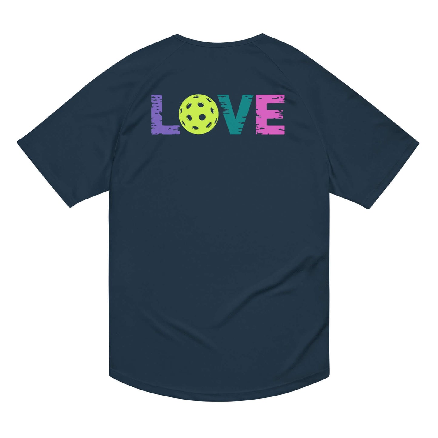 Back view of Women’s LOVE Pickleball Performance Shirt featuring colorful "LOVE" graphic with pickleball.