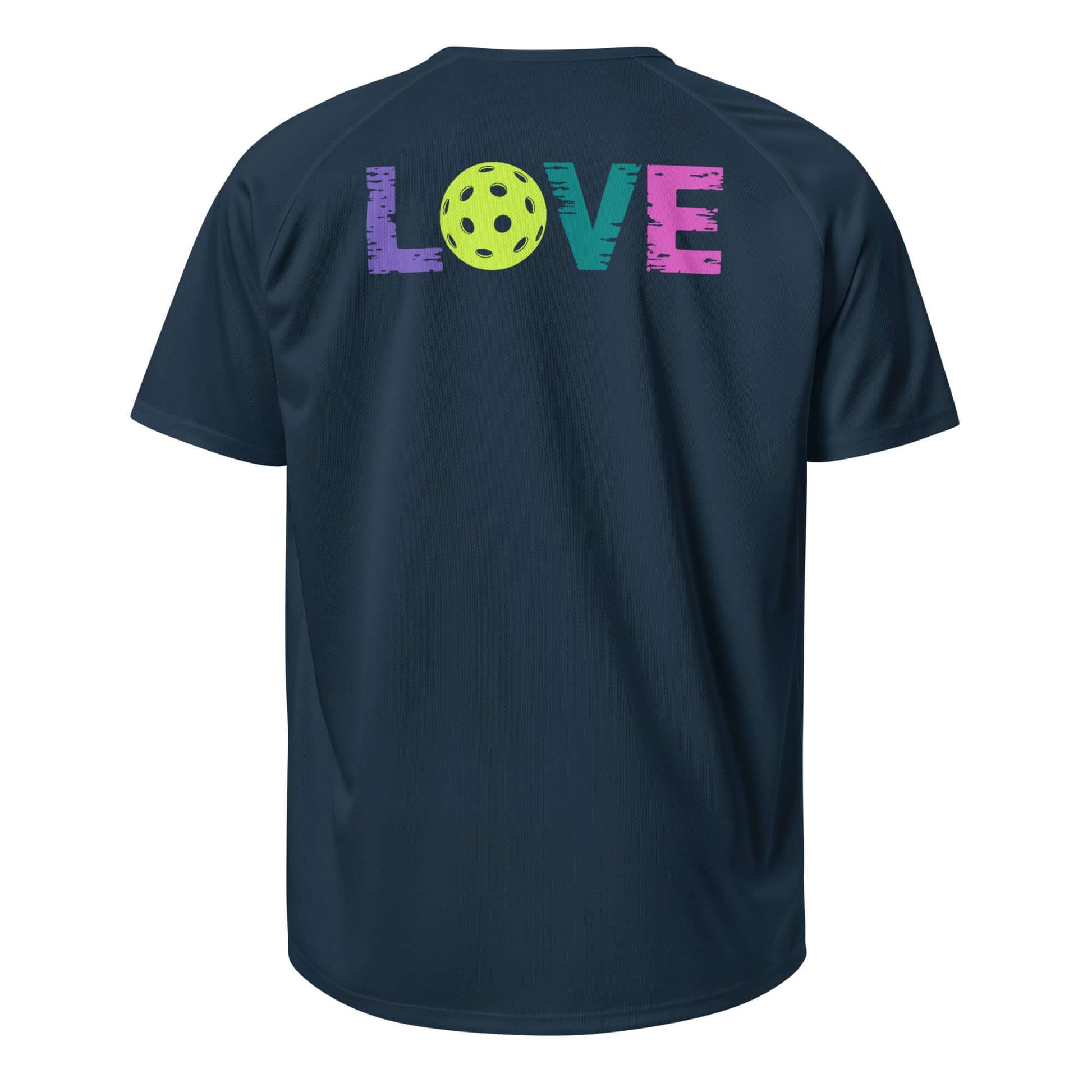 Women’s LOVE Pickleball Performance Shirt with colorful 'LOVE' graphic and a pickleball symbol on the back.