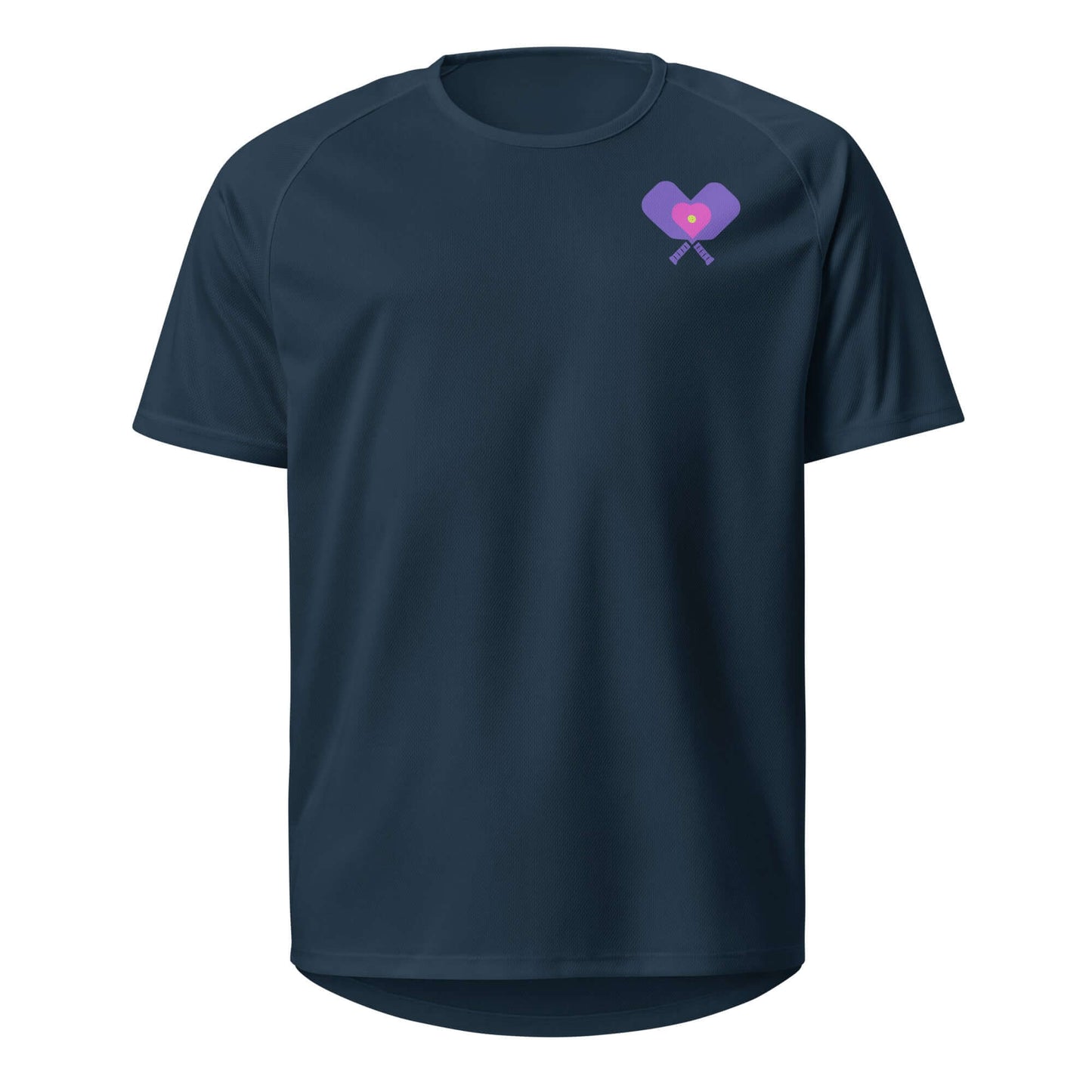 Women's LOVE Pickleball Performance Shirt with vibrant heart and pickleball graphic in navy.