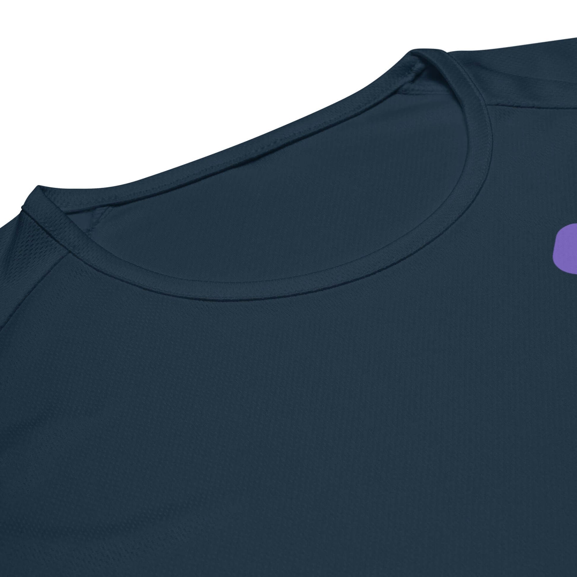 Close-up of the neckline of the Women's LOVE Pickleball Performance Shirt in navy, highlighting comfort and style.