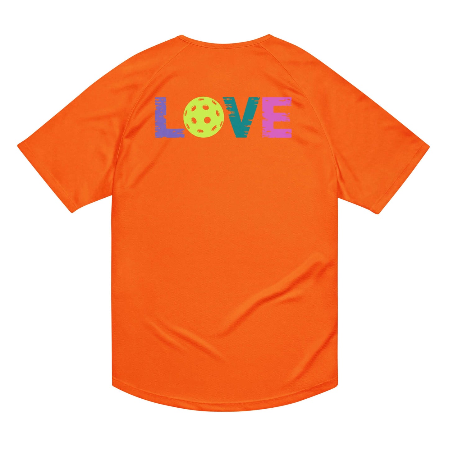 Back view of Women's LOVE Pickleball Performance Shirt in vibrant orange with colorful LOVE graphic featuring a pickleball.