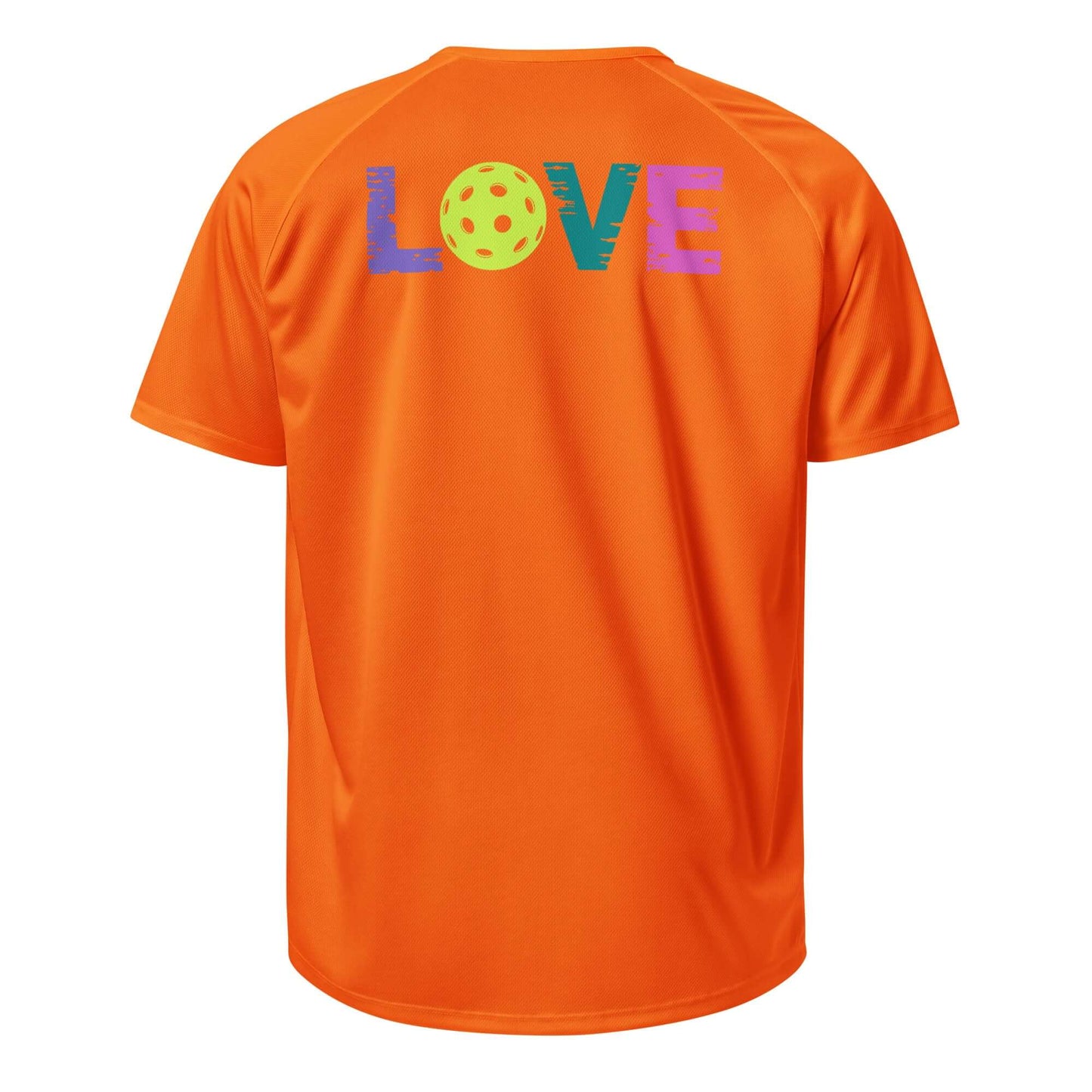 Back view of Women’s LOVE Pickleball Performance Shirt featuring colorful LOVE graphic with pickleball design in orange.