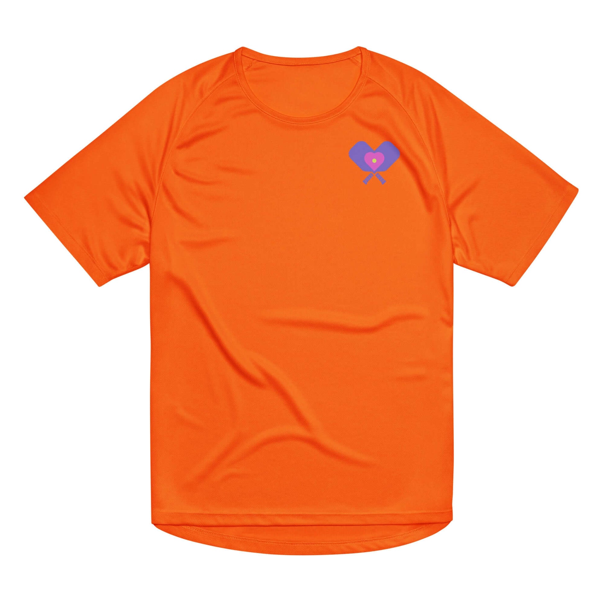 Women's orange performance shirt featuring a purple heart graphic for pickleball lovers.