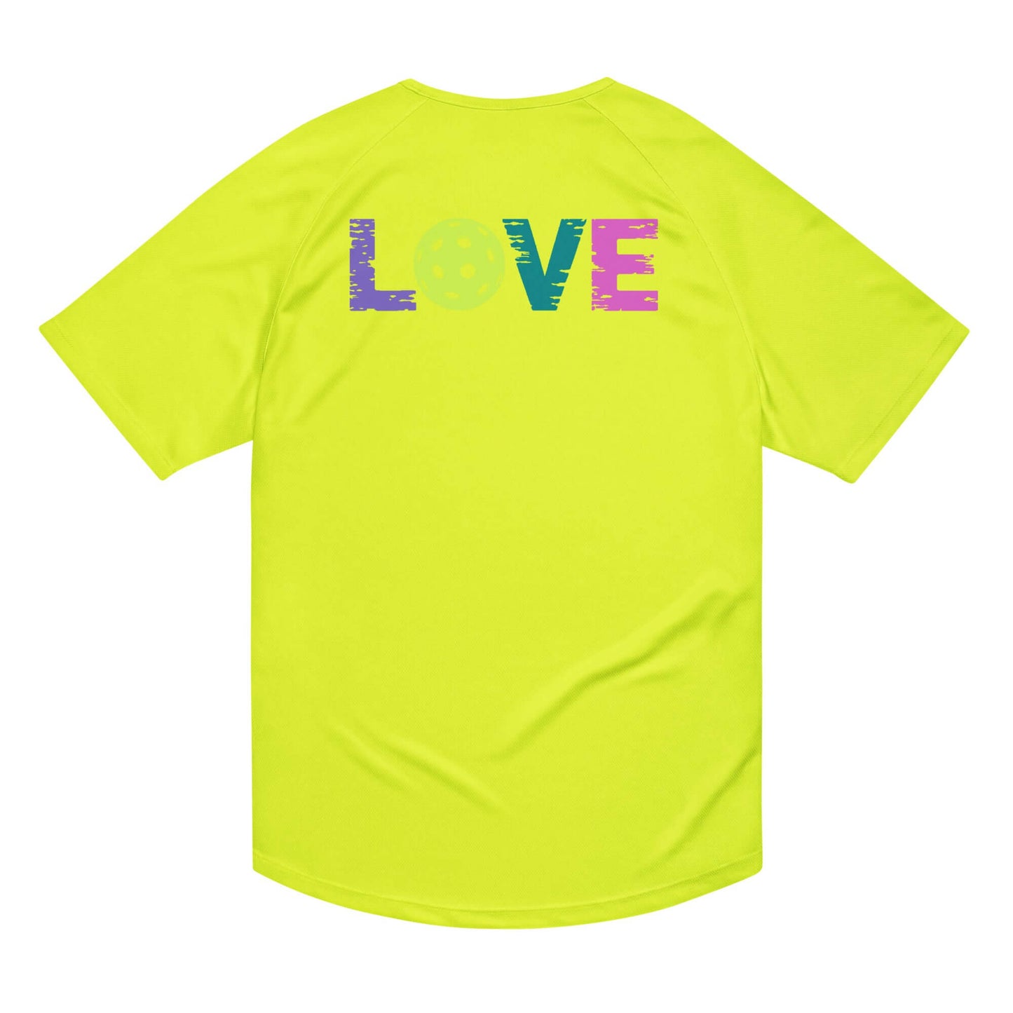 Bright yellow Women’s LOVE Pickleball Performance Shirt featuring a colorful 'LOVE' graphic with a pickleball.