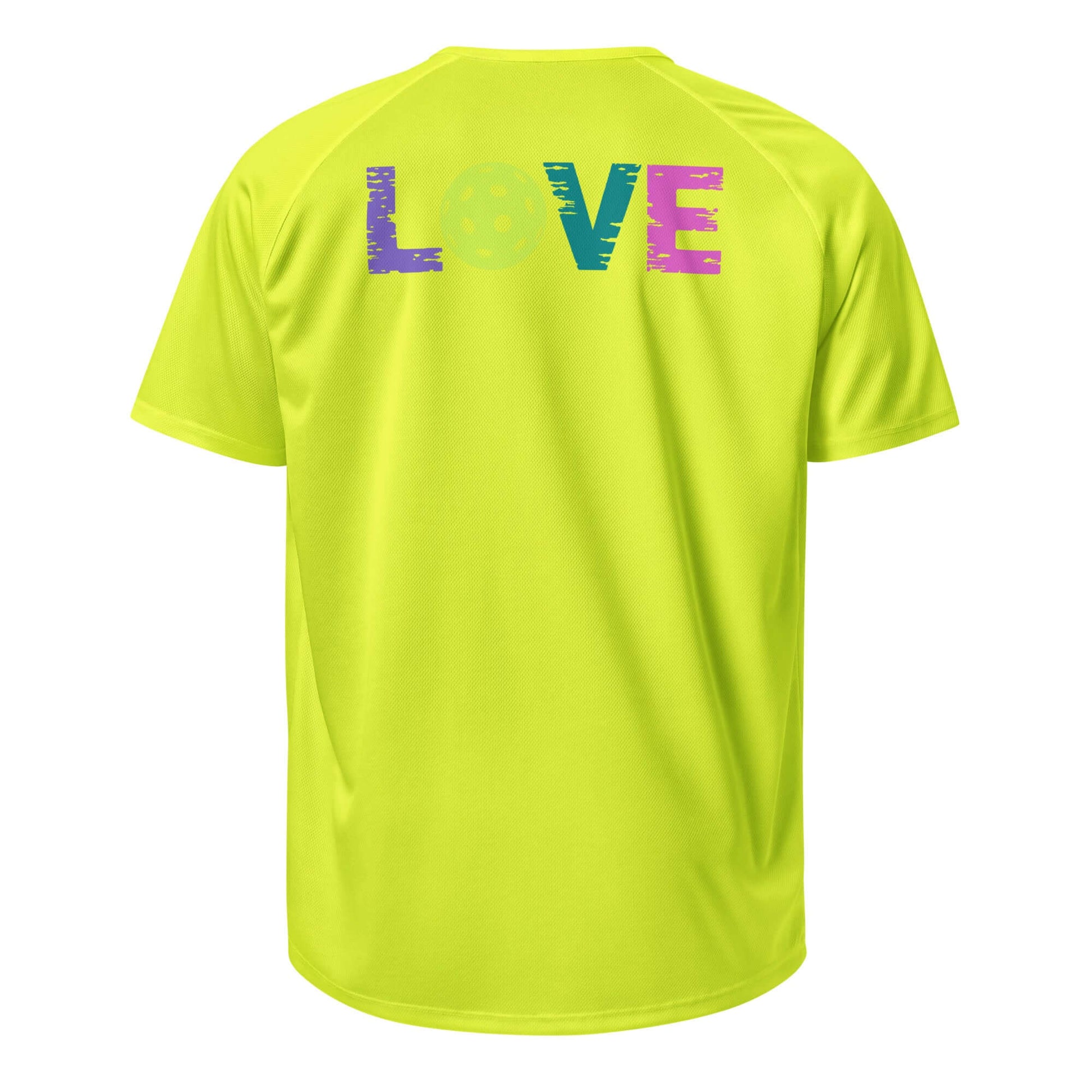 Back view of Women's LOVE Pickleball Performance Shirt in neon yellow with colorful 'LOVE' graphic and SVG pickleball design.