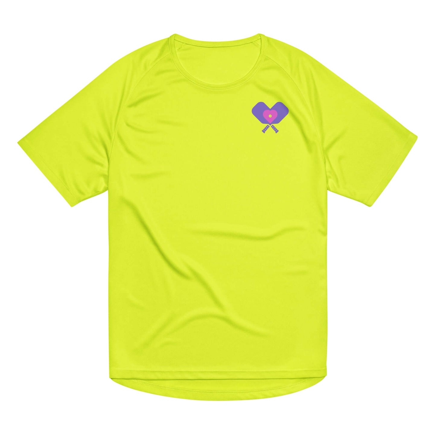 Women's neon yellow LOVE pickleball performance shirt with a heart and pickleball graphic.