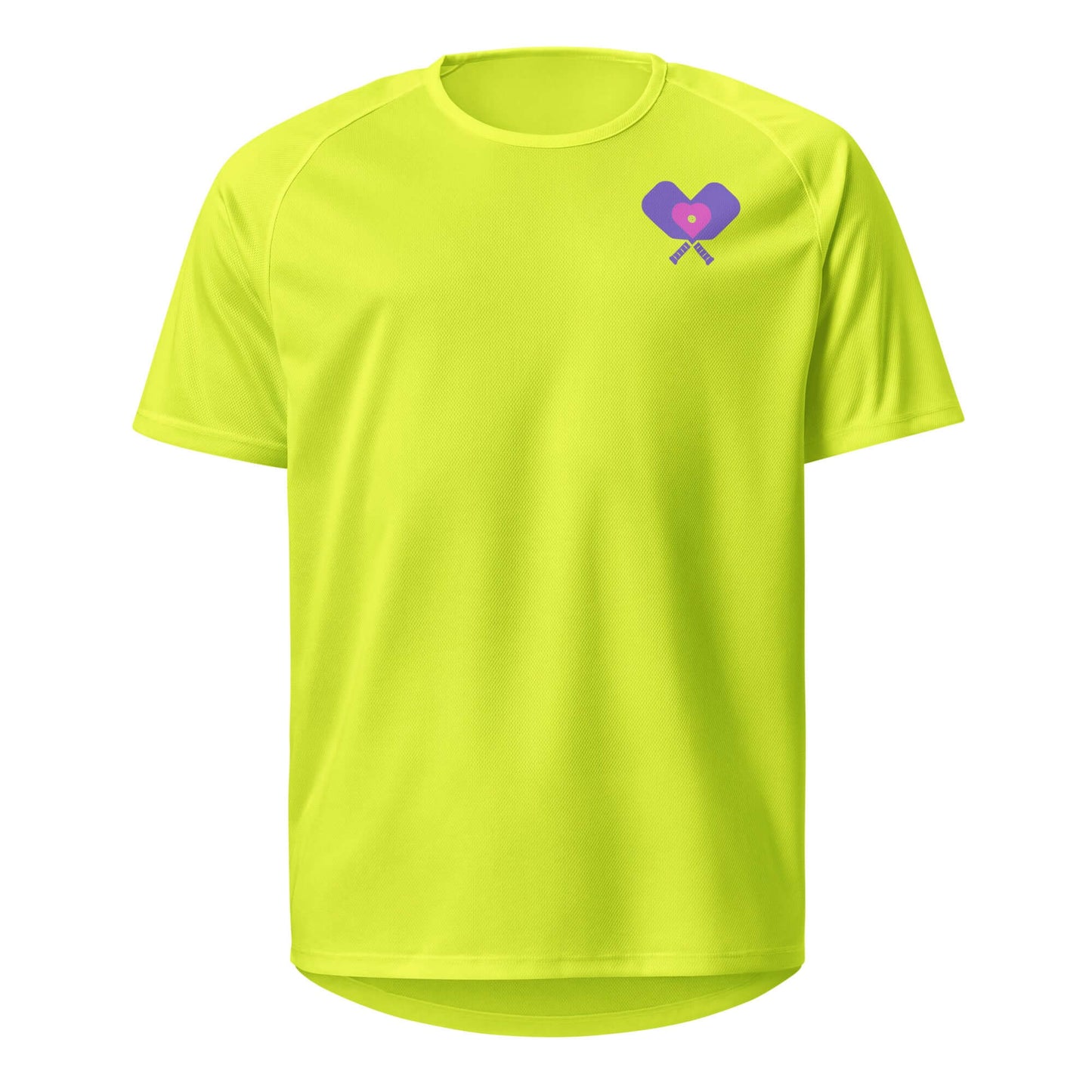 Vibrant yellow women's pickleball performance shirt featuring a heart graphic with a pickleball design.