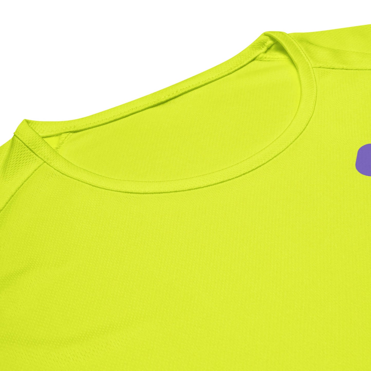 Close-up of the collar of a bright yellow Women’s LOVE Pickleball Performance Shirt.