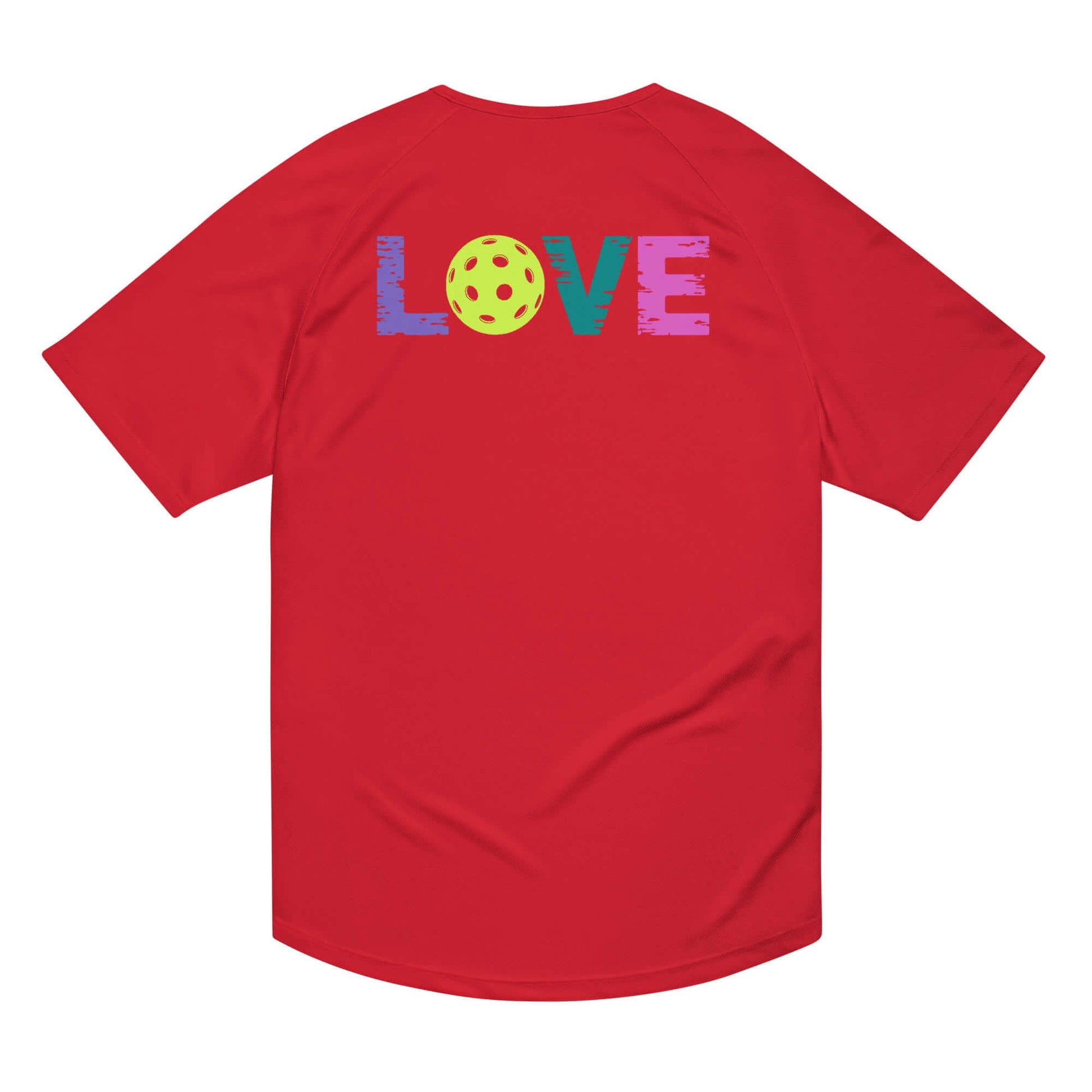 Red women's performance shirt featuring vibrant 'LOVE' graphic with pickleball as the letter 'O'.