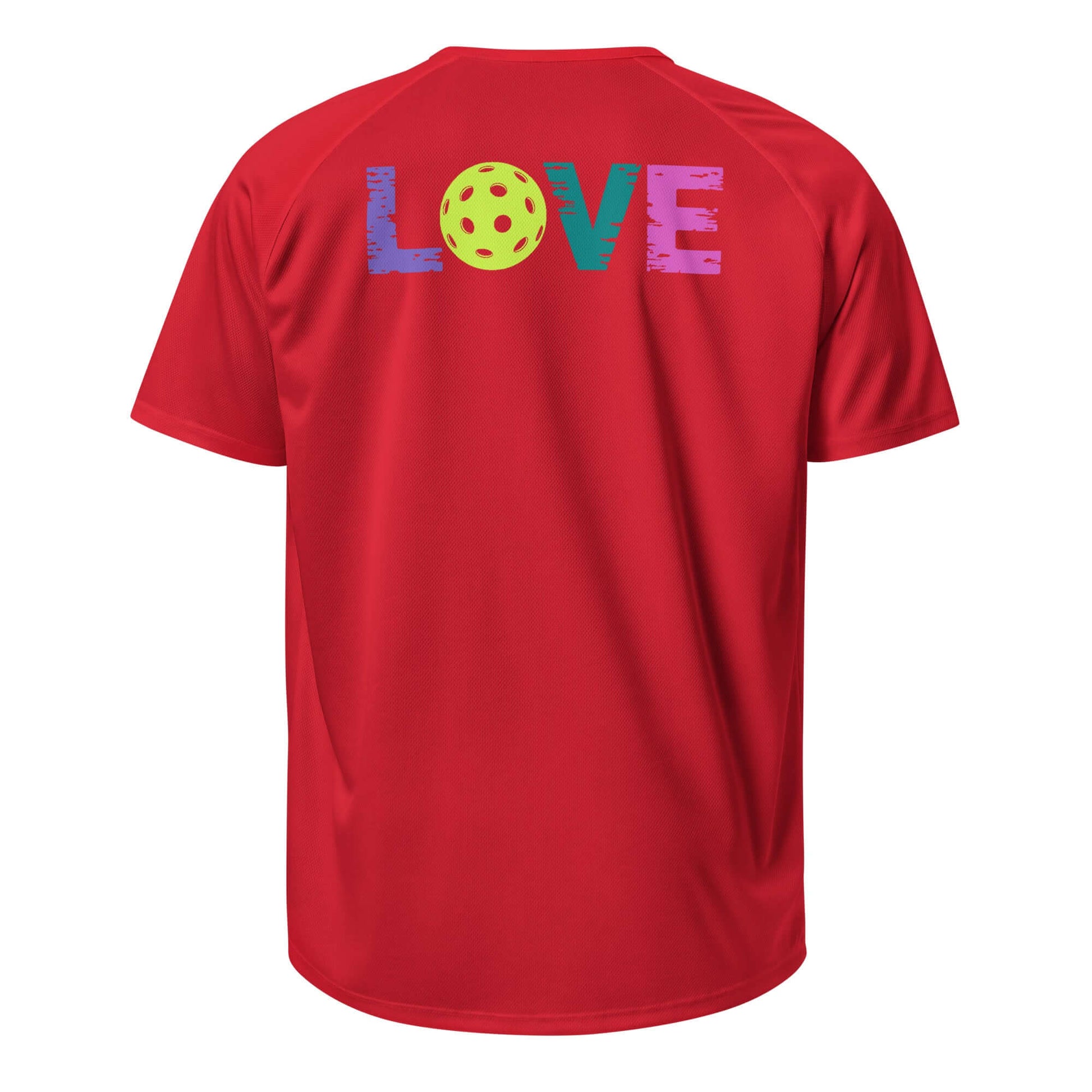 Women’s LOVE Pickleball Performance Shirt back view with colorful LOVE graphic and pickleball design.