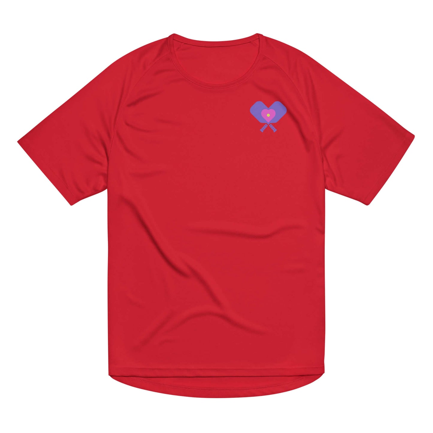 Red women’s performance shirt featuring a vibrant heart and pickleball graphic, perfect for athletes who love pickleball.