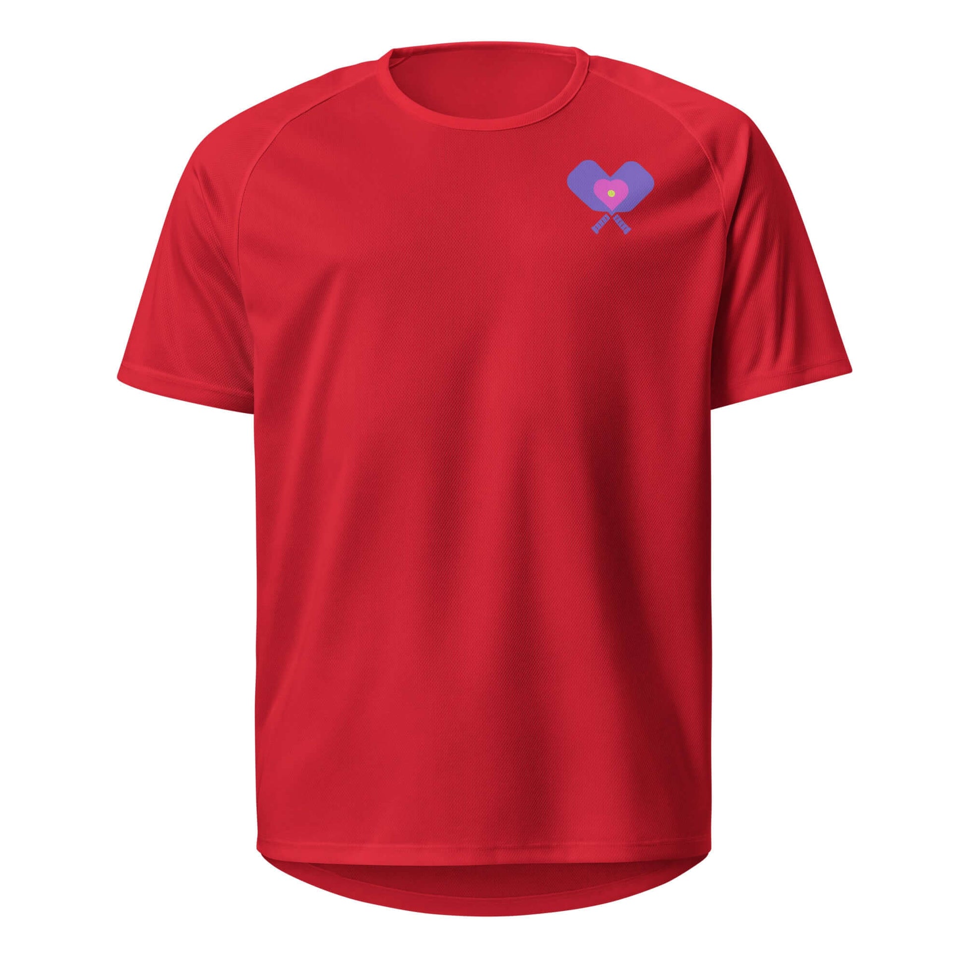 Women’s LOVE pickleball performance shirt in red with heart and pickleball graphic.