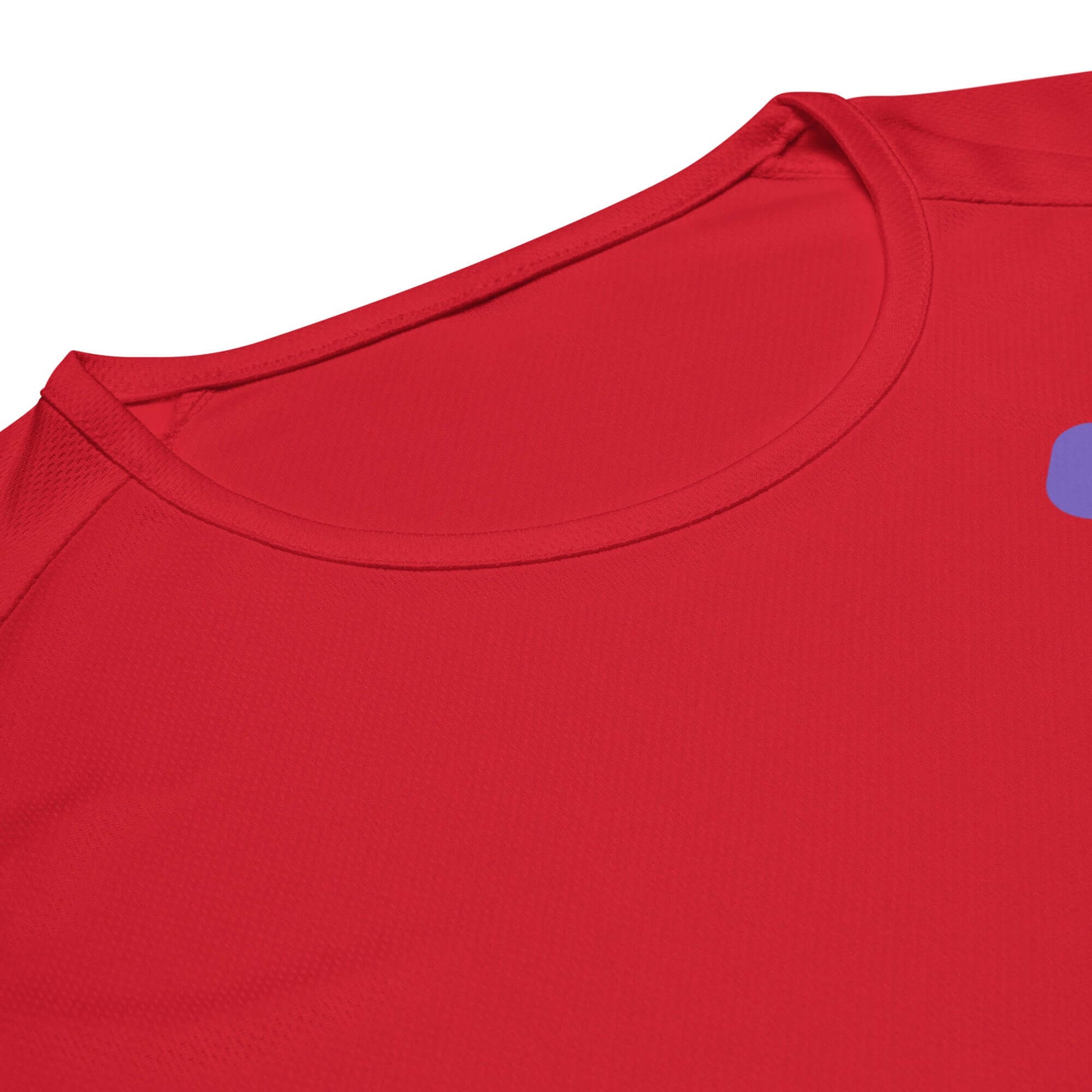 Close-up of the neckline of a red Women's LOVE Pickleball Performance Shirt, showcasing its sporty design.